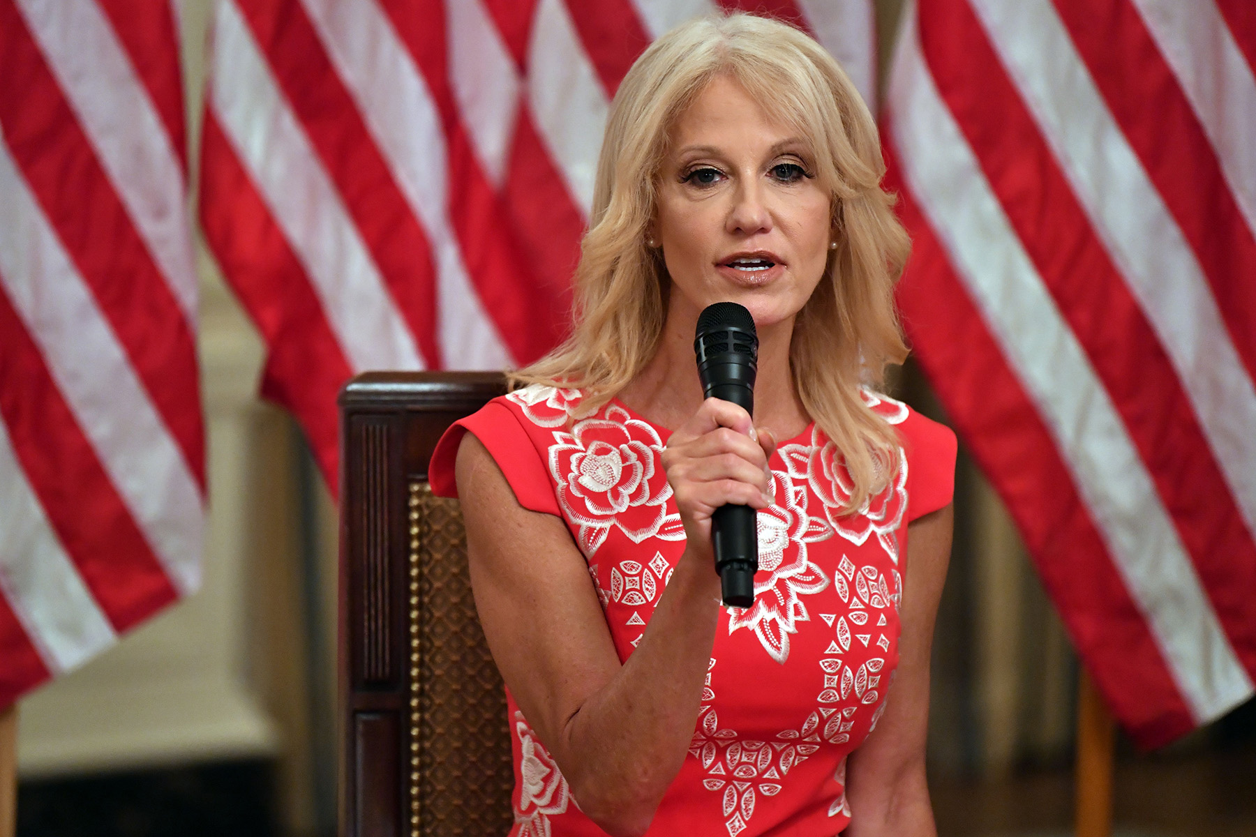 Counselor to the President Kellyanne Conway speaks during the "Getting America's Children Safely Back to School" event in the State Room of the white House in Washington, DC, on August 12. 