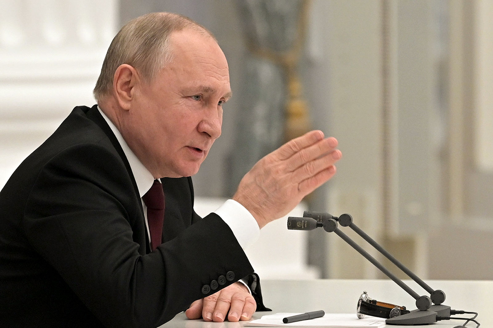 Russian President Vladimir Putin speaks during a national security meeting in Moscow on February 21.