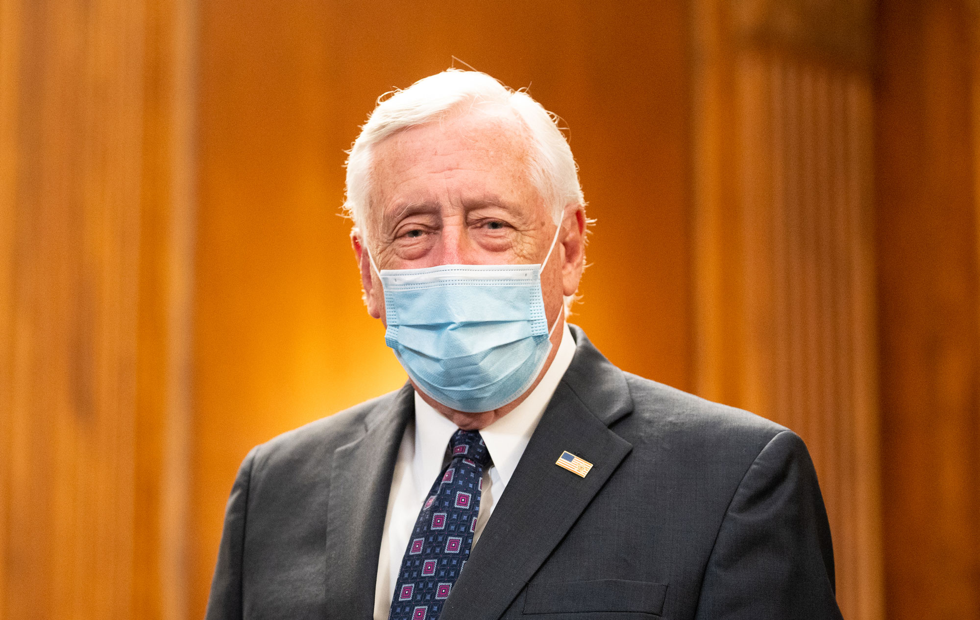U.S. Representative, Steny Hoyer (D-MD) wears a face mask at the ceremonial swearing in of Representative Elect Kweisi Mfume (D-MD).