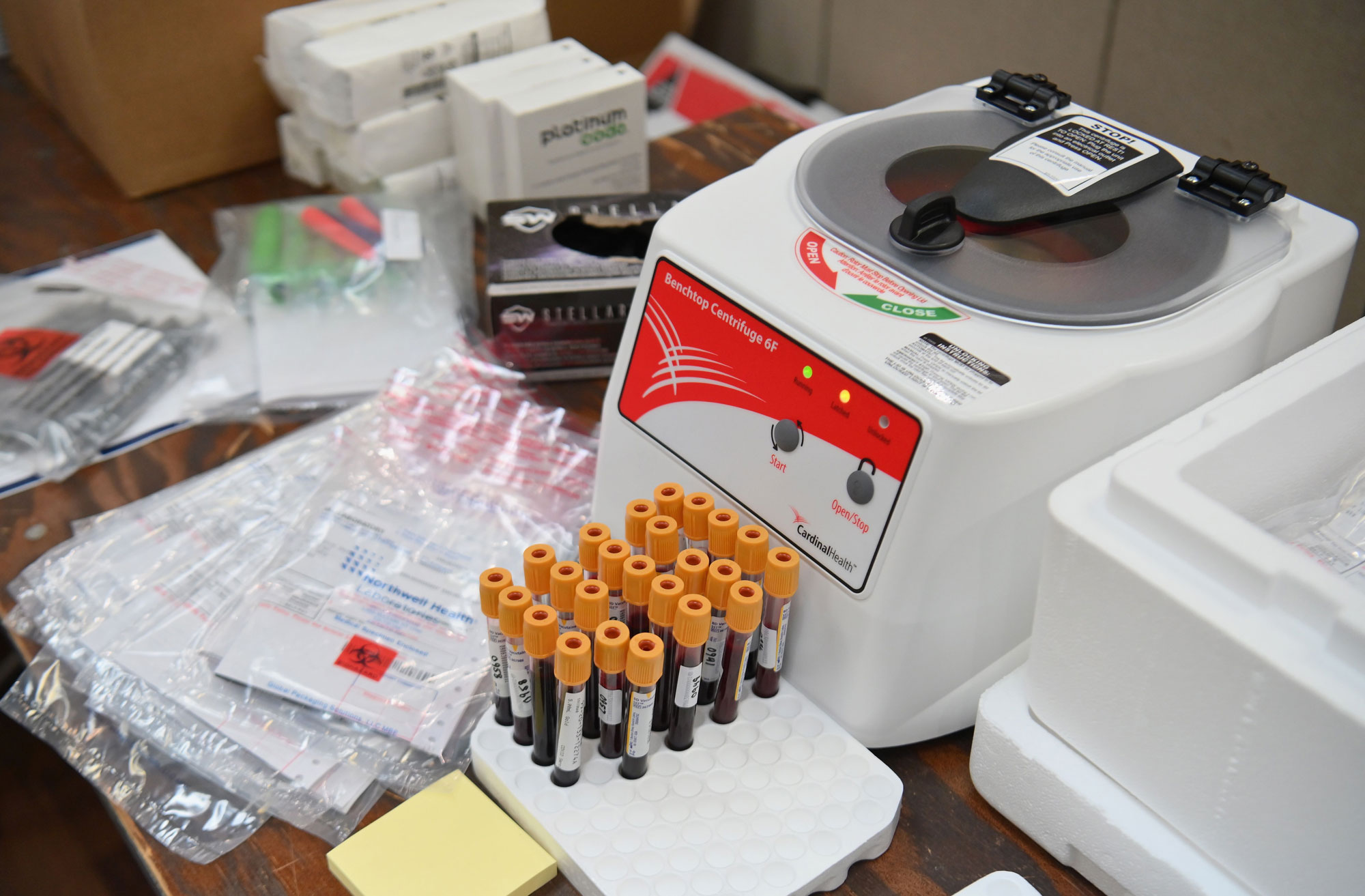 A centrifuge and blood samples to test for COVID-19 antibodies sit on table at Abyssinian Baptist Church in the Harlem neighborhood of New York City on May 14.