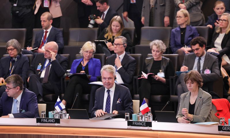 Finnish Foreign Minister Pekka Haavisto attends the NATO foreign ministers' meeting at NATO headquarters in Brussels, on Tuesday, April 4.