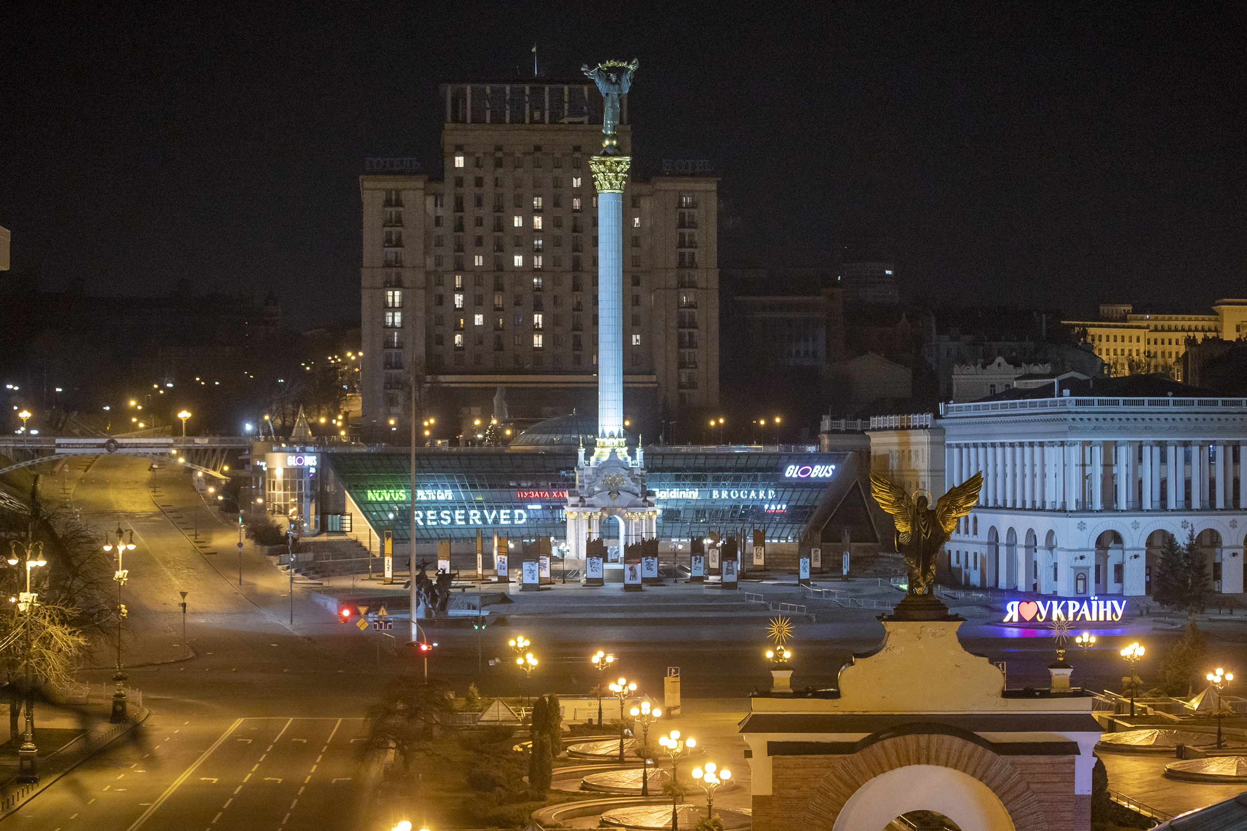 Empty streets are seen following curfew in Kyiv, early February 26. 