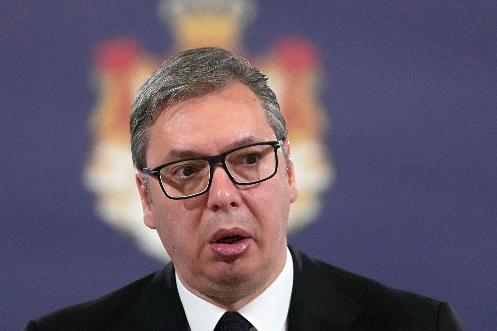 Serbian President Aleksandar Vucic addresses the media after a shooting at a school in Belgrade, Serbia, on May 3.