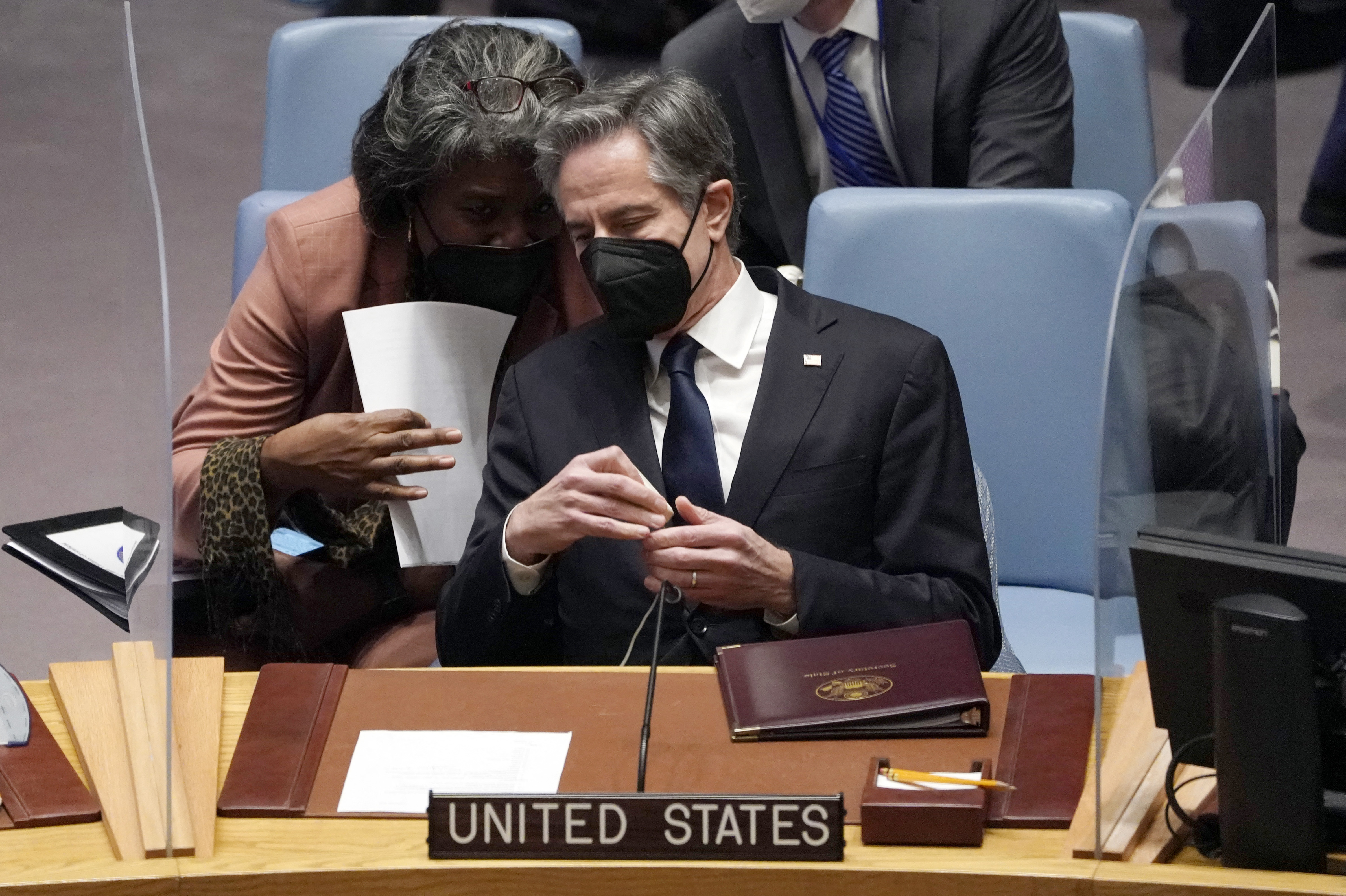 US Secretary of State Antony Blinken and US Ambassador to the United Nations Linda Thomas-Greenfield at the United Nations in New York on February 17.