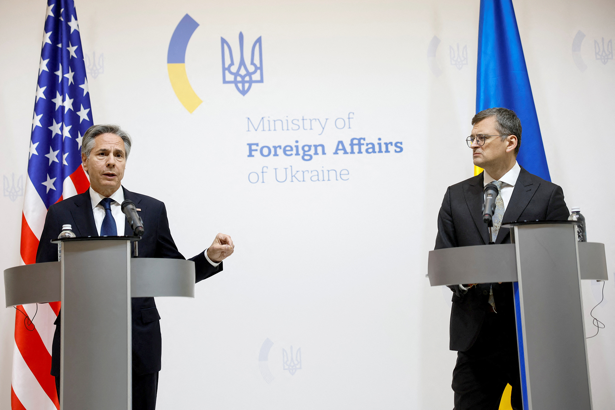 U.S. Secretary of State Antony Blinken, left, and Ukrainian Foreign Minister Dmytro Kuleba hold a joint press conference in Kyiv, Ukraine, on May 15.