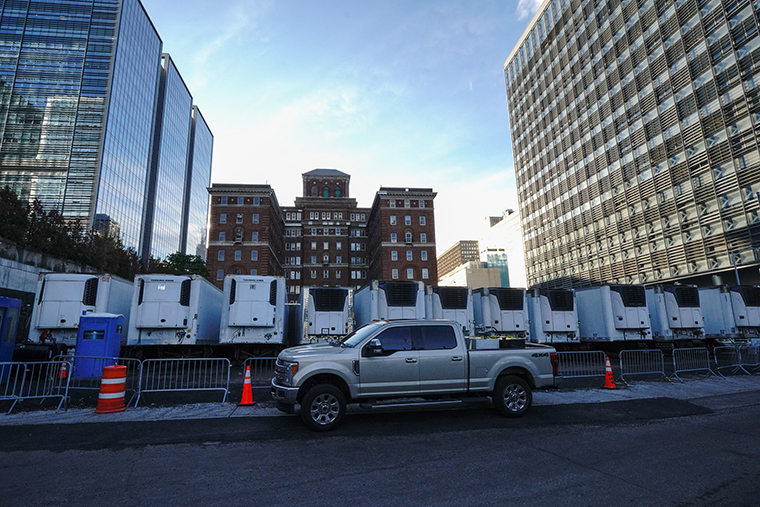 A view of row of parked trailers as a makeshift morgue behind Bellevue Hospital Center in Manhattan on Monday, May 4. 