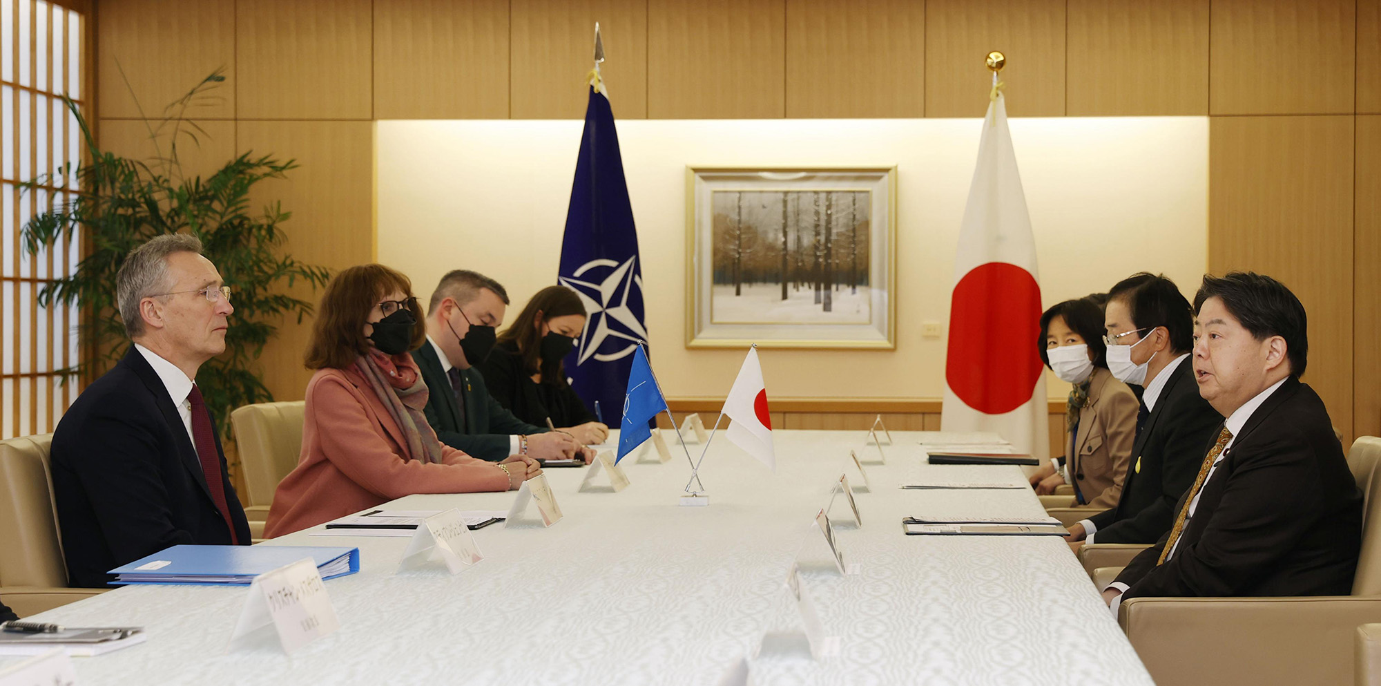 Japanese Foreign Minister Yoshimasa Hayashi, right, holds talks with NATO Secretary General Jens Stoltenberg, left, in Tokyo, on February 1.