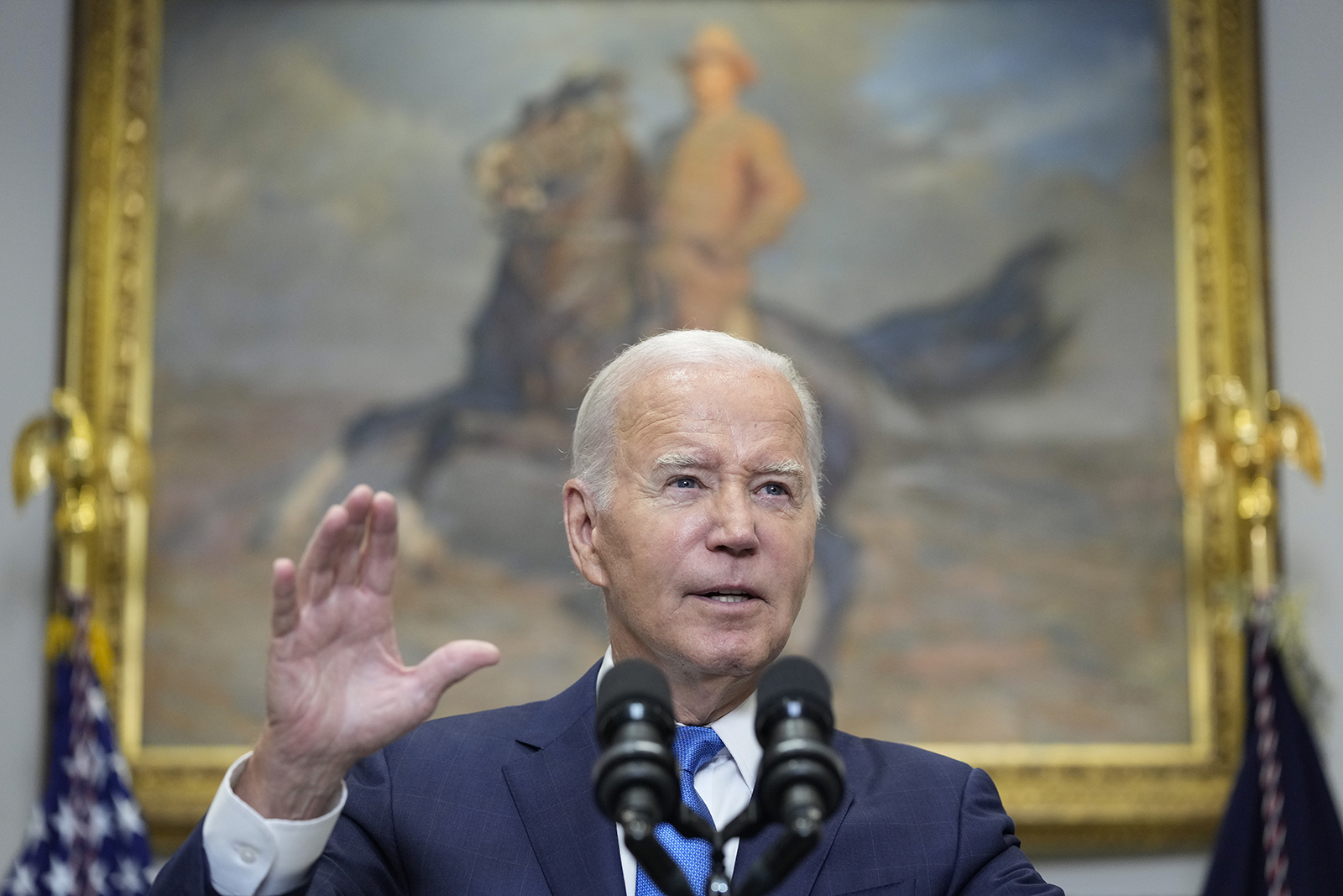 President Joe Biden speaks about the auto workers strike from the Roosevelt Room of the White House on Friday.