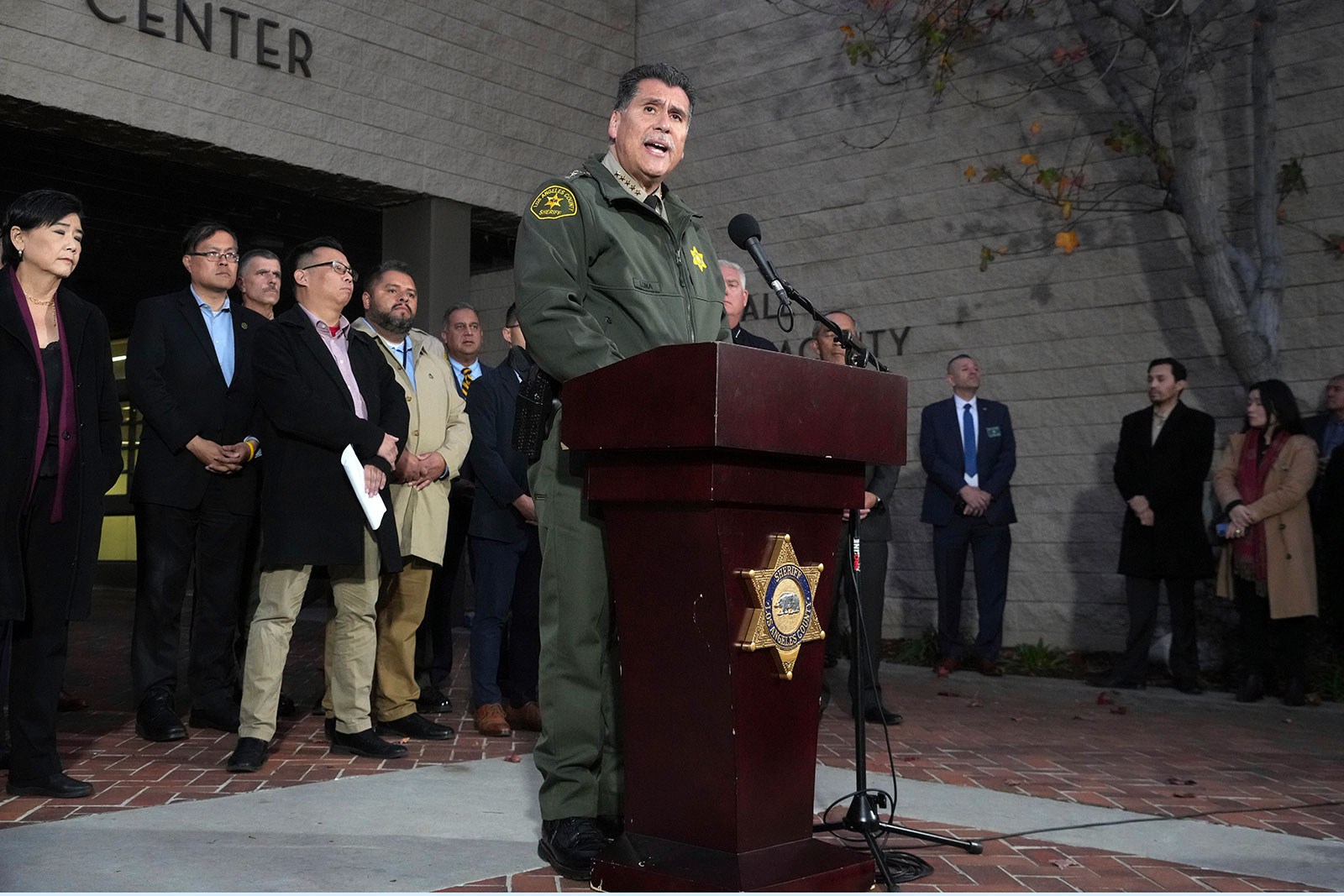 Los Angeles County Sheriff Robert Luna takes questions from the media outside the Civic Center in Monterey Park, California, January 22. 