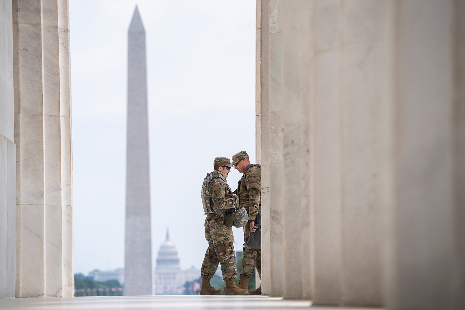 Members of the D.C. National Guard patrol the Lincoln Memorial in Washington, on June 3.