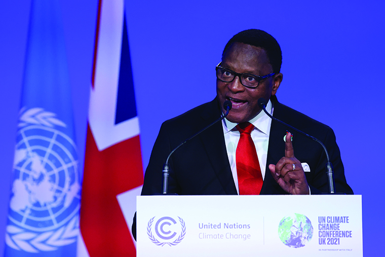 Malawi's President Lazarus Chakwera speaks during the UN Climate Change Conference COP26 at SECC on November 1, 2021 in Glasgow.