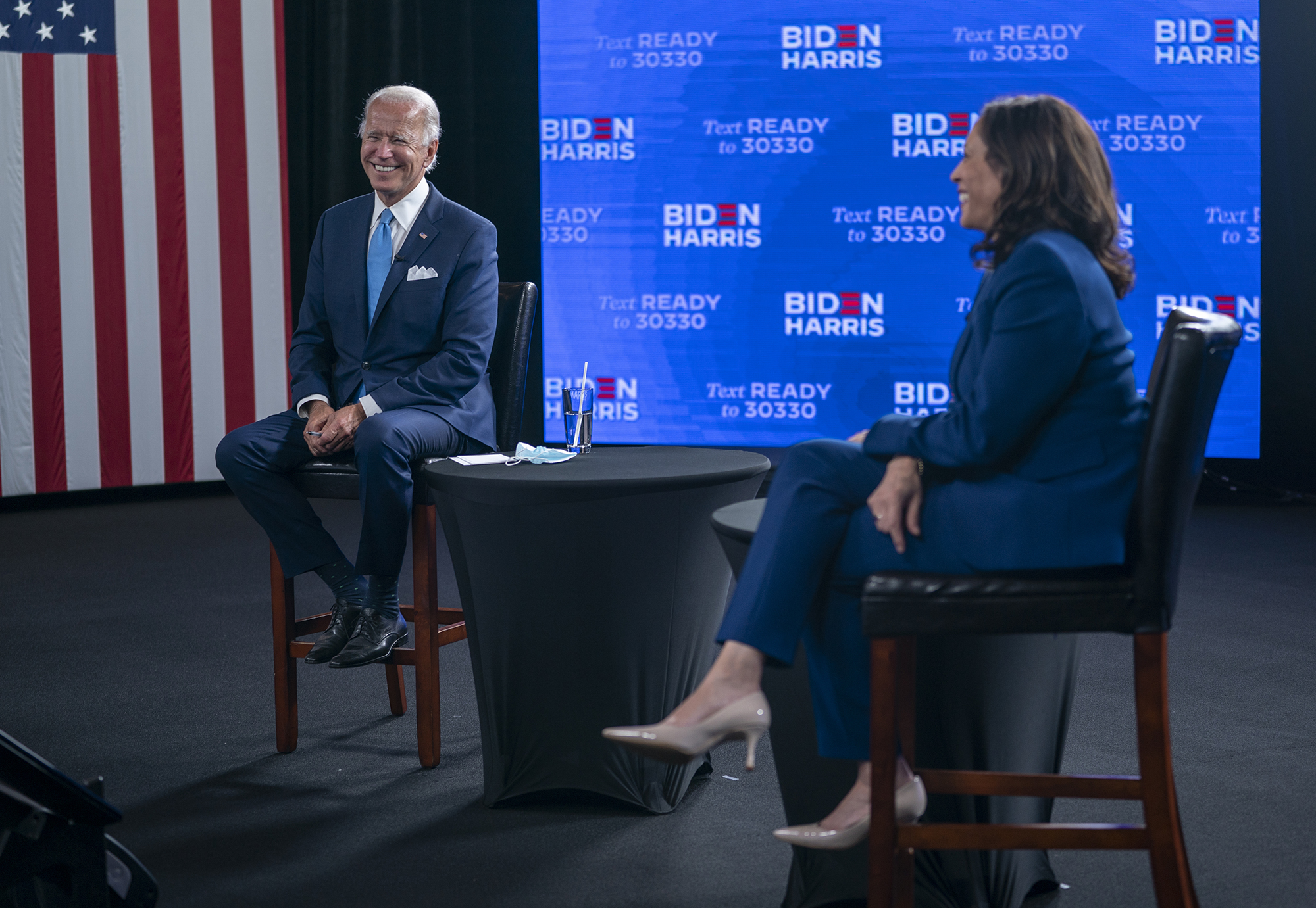 Democratic presidential candidate former Vice President Joe Biden and Sen. Kamala Harris participate in a virtual grassroots fundraiser at the Hotel DuPont in Wilmington, Delaware. 