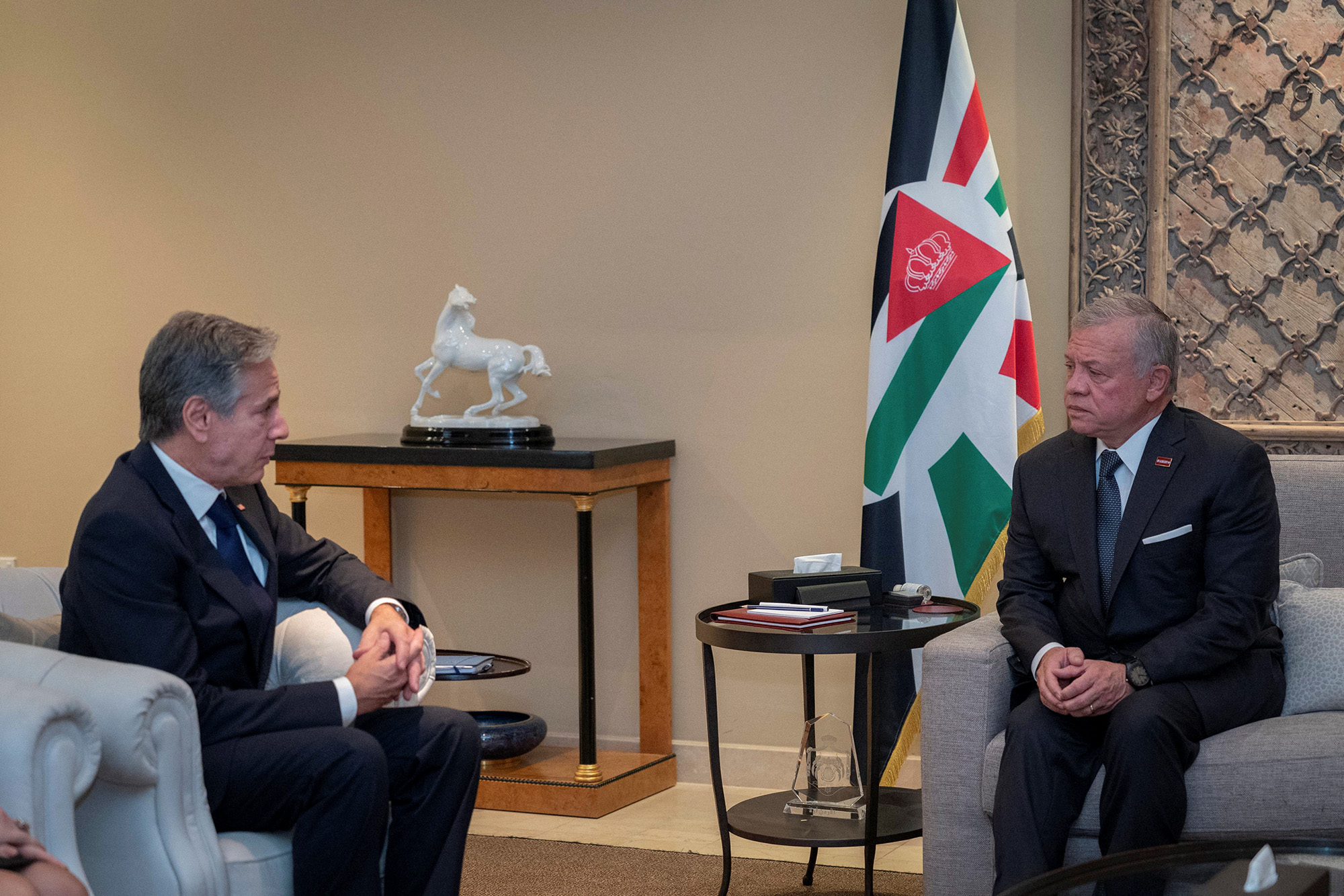 Jordan's King Abdullah II meets with US Secretary of State Antony Blinken in Amman on October 13.