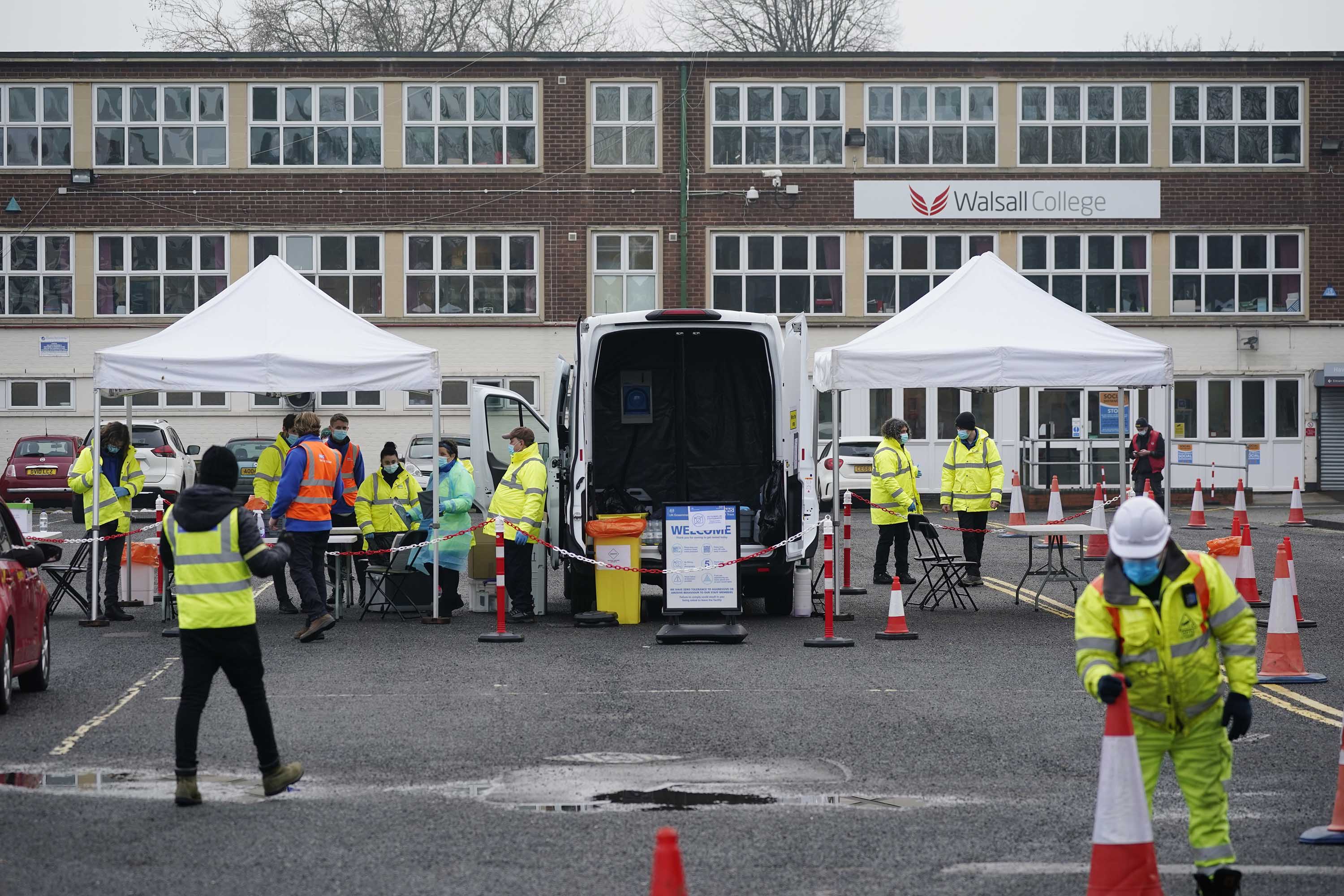 A drive-in testing station is seen at Walsall Arena and Arts Centre in Walsall, England, on February 2, as local authorities prepare to deploy Covid-19 testing in an effort to track down a South African coronavirus variant traced in the area. 