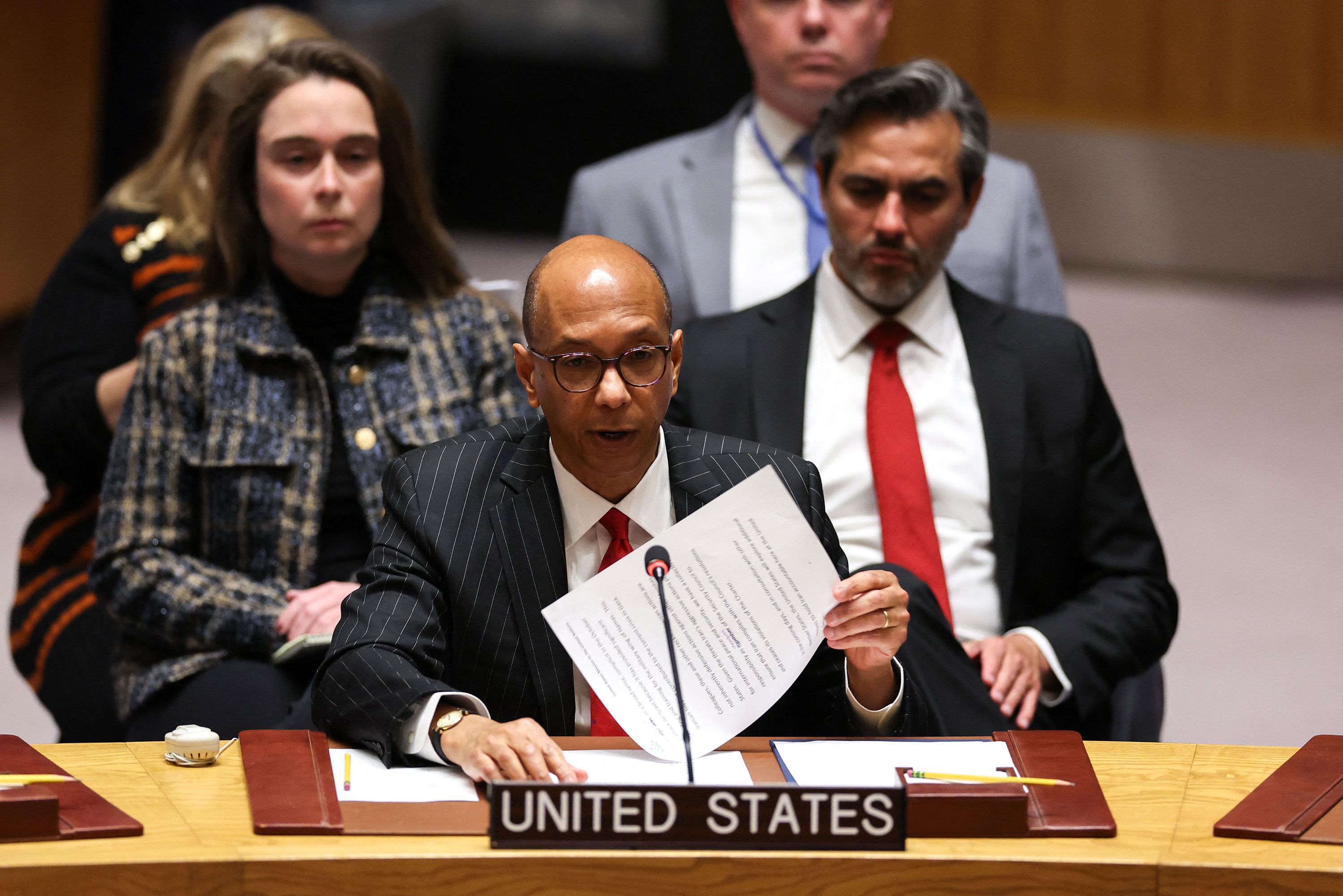 US Deputy Ambassador to the UN Robert Wood speaks during a United Nations Security Council emergency session over Iran’s attack on Israel on Sunday in New York. 