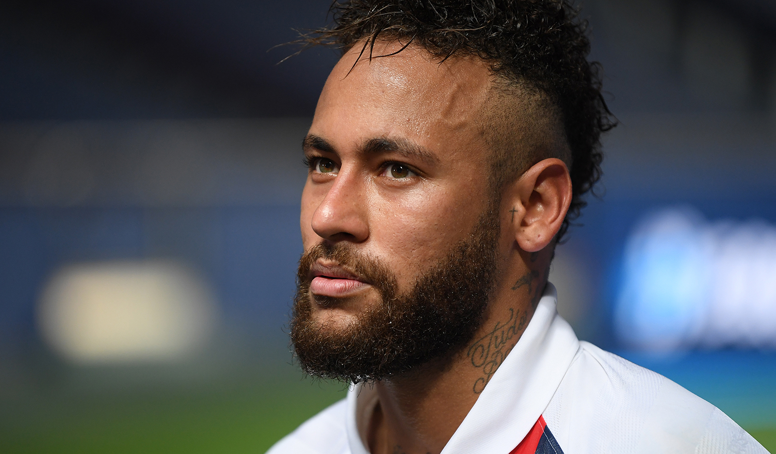 Neymar of Paris Saint-Germain is interviewed after the UEFA Champions League quarter final match between Atalanta and PSG at Estadio do Sport Lisboa e Benfica on August 12, in Lisbon, Portugal.