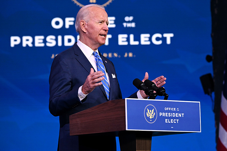 US President-elect Joe Biden delivers remarks at The Queen theater in Wilmington, Delaware on January 14, 2021.