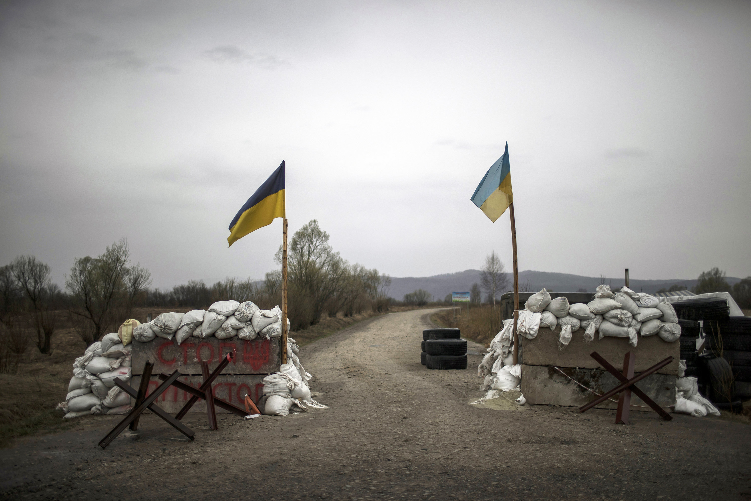Barricades built by citizens at neighborhood entrances are seen as Russian attacks continue on Ukraine in Lviv, Ukraine on April 15.