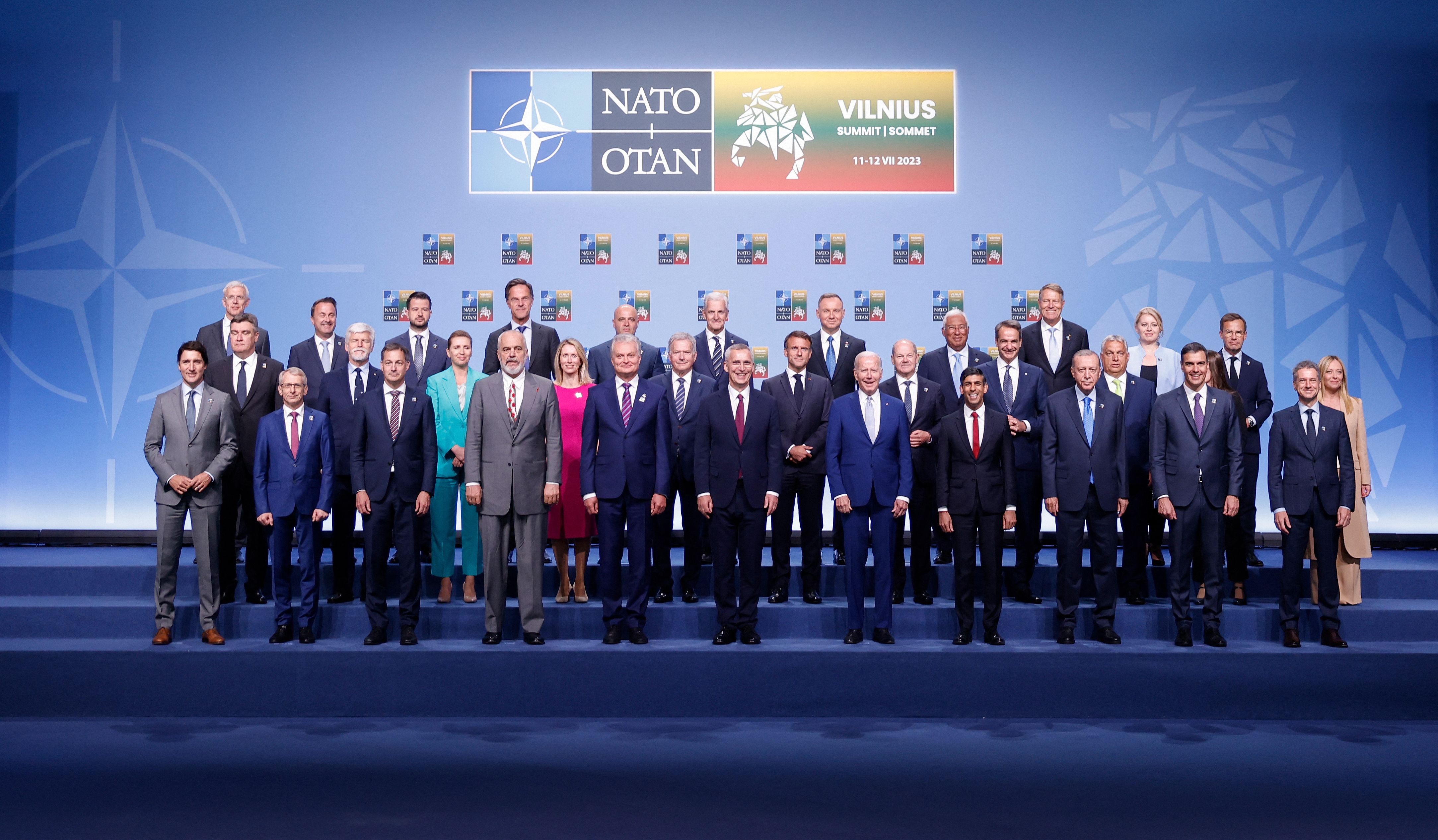 NATO Secretary General Jens Stoltenberg, center, poses for an official family photo with the participants of the NATO Summit in Vilnius, Lithuania, on July 11.