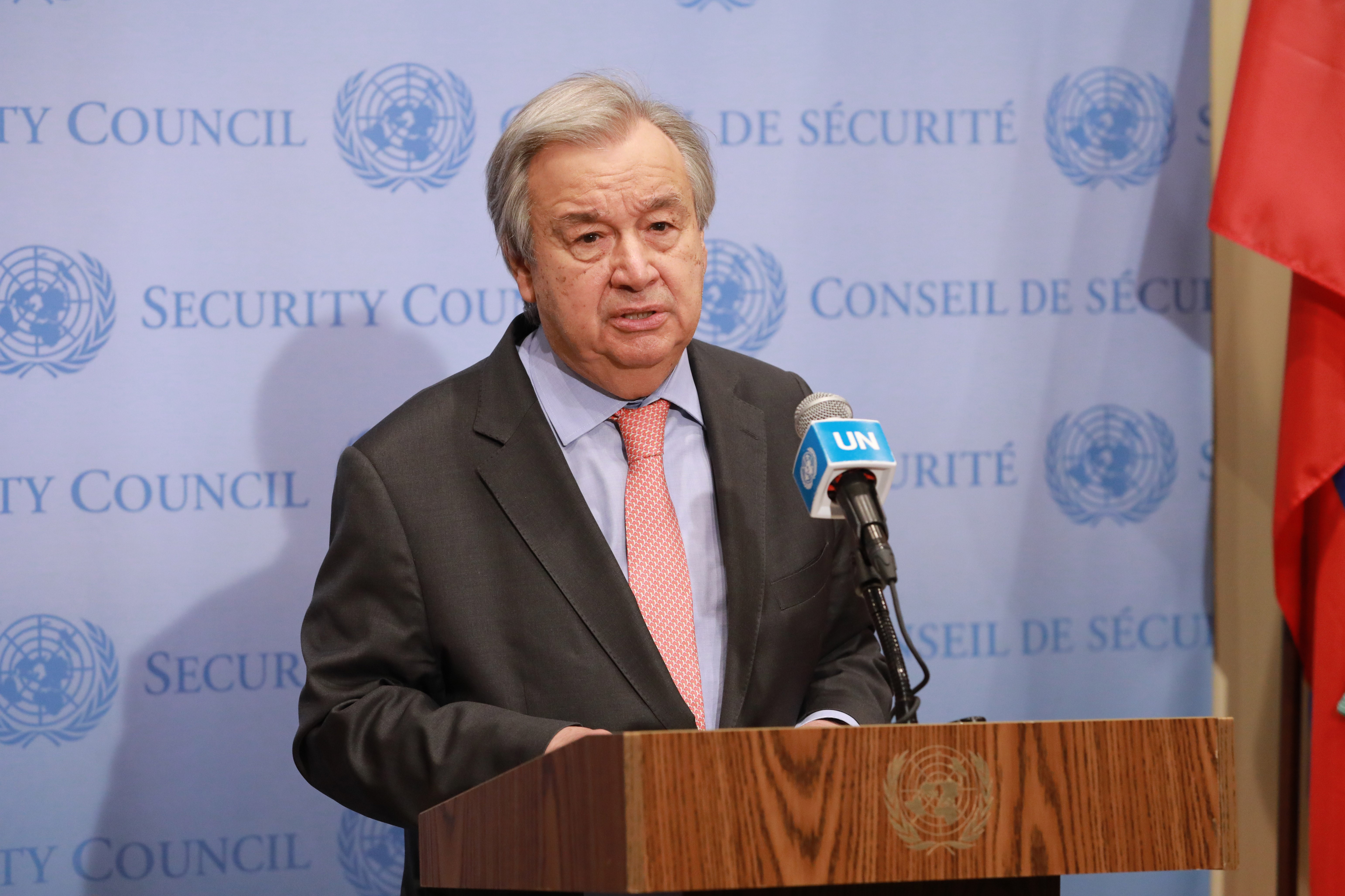 UN Secretary-General Antonio Guterres speaks during a press encounter at the UN headquarters in New York, on February 14.
