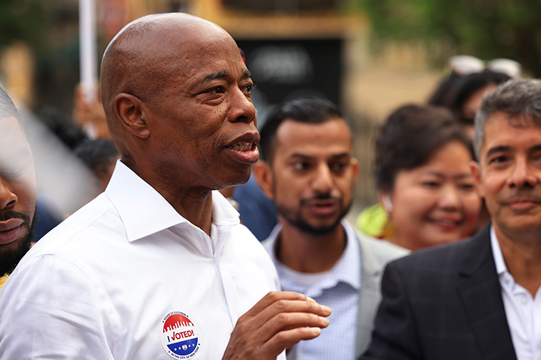 New York City mayoral candidate Eric Adams speaks after voting during Primary Election Day on June 22, in the Bedford-Stuyvesant neighborhood of Brooklyn in New York City.