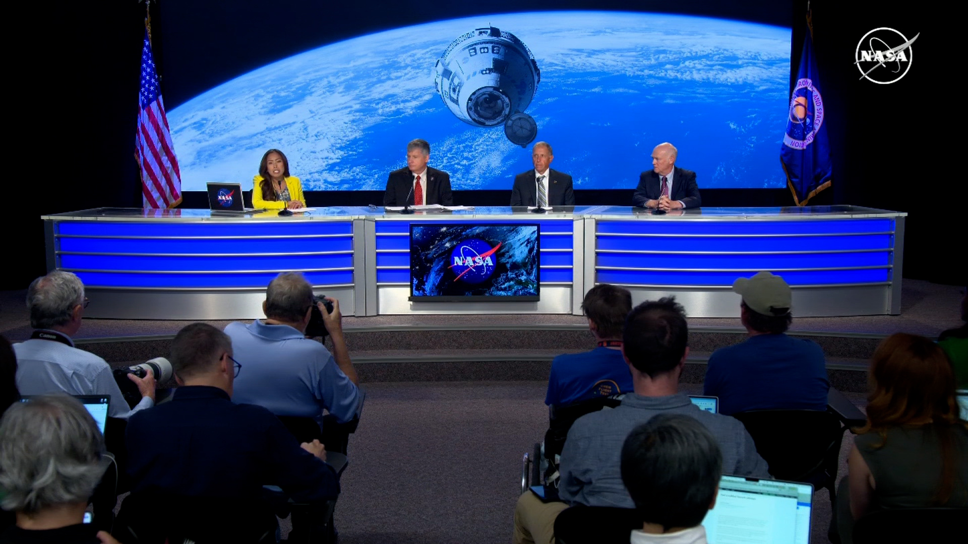 In this screen grab from video, a panel of experts holds a news conference about the scrubbed Starliner launch in Cape Canaveral, Florida, on June 1.