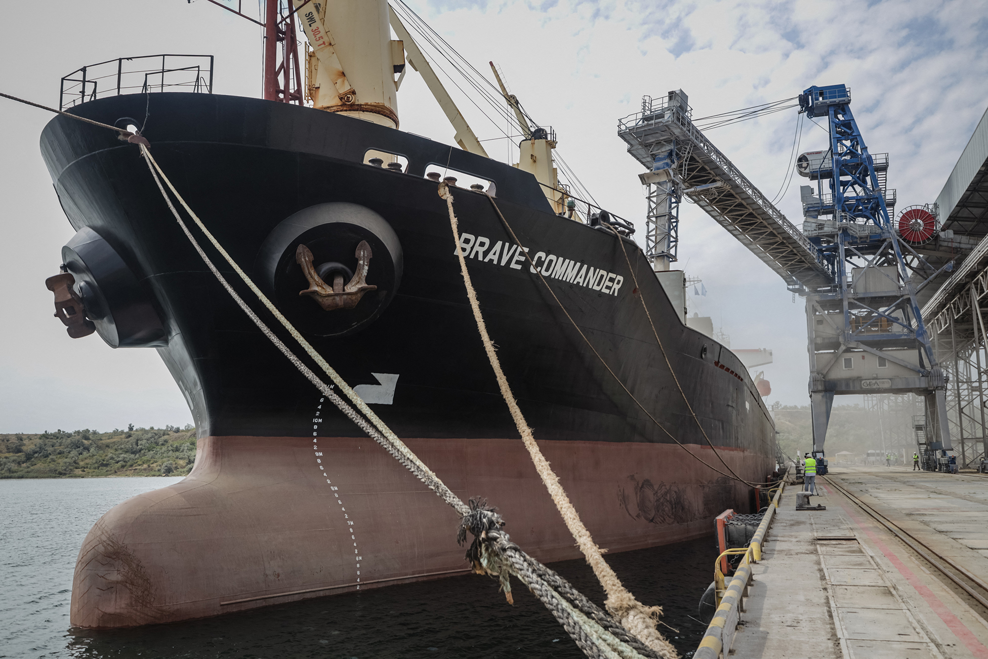 The first UN-chartered vessel MV Brave Commander loads more than 23,000 tonnes of grain to export to Ethiopia, in Yuzhne, east of Odessa on the Black Sea coast, on August 14, 2022.