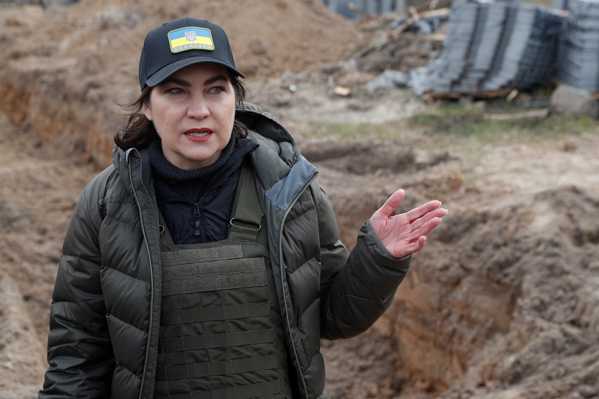 Ukraine's Prosecutor General Iryna Venediktova speaks to the media next to a mass grave in the town of Bucha, Ukraine, on April 12.