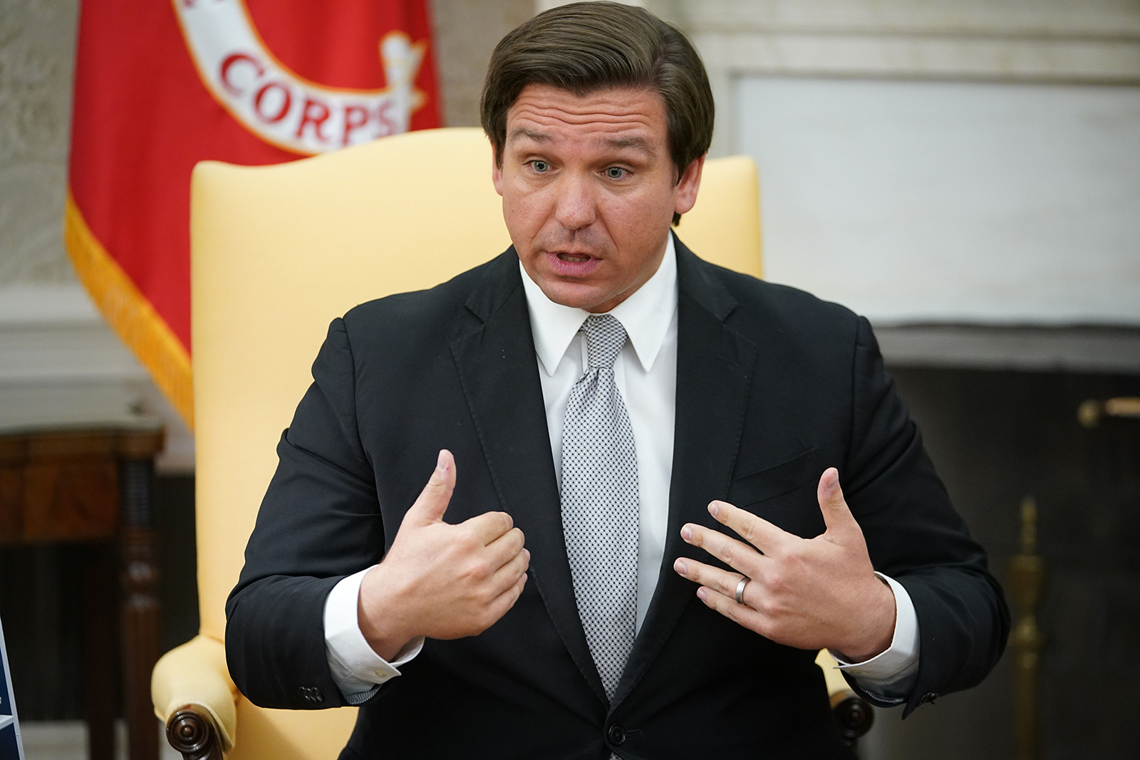 Florida Governor Ron DeSantis speaks during a meeting with President Donald Trump in the Oval Office of the White House in Washington, DC on April 28.