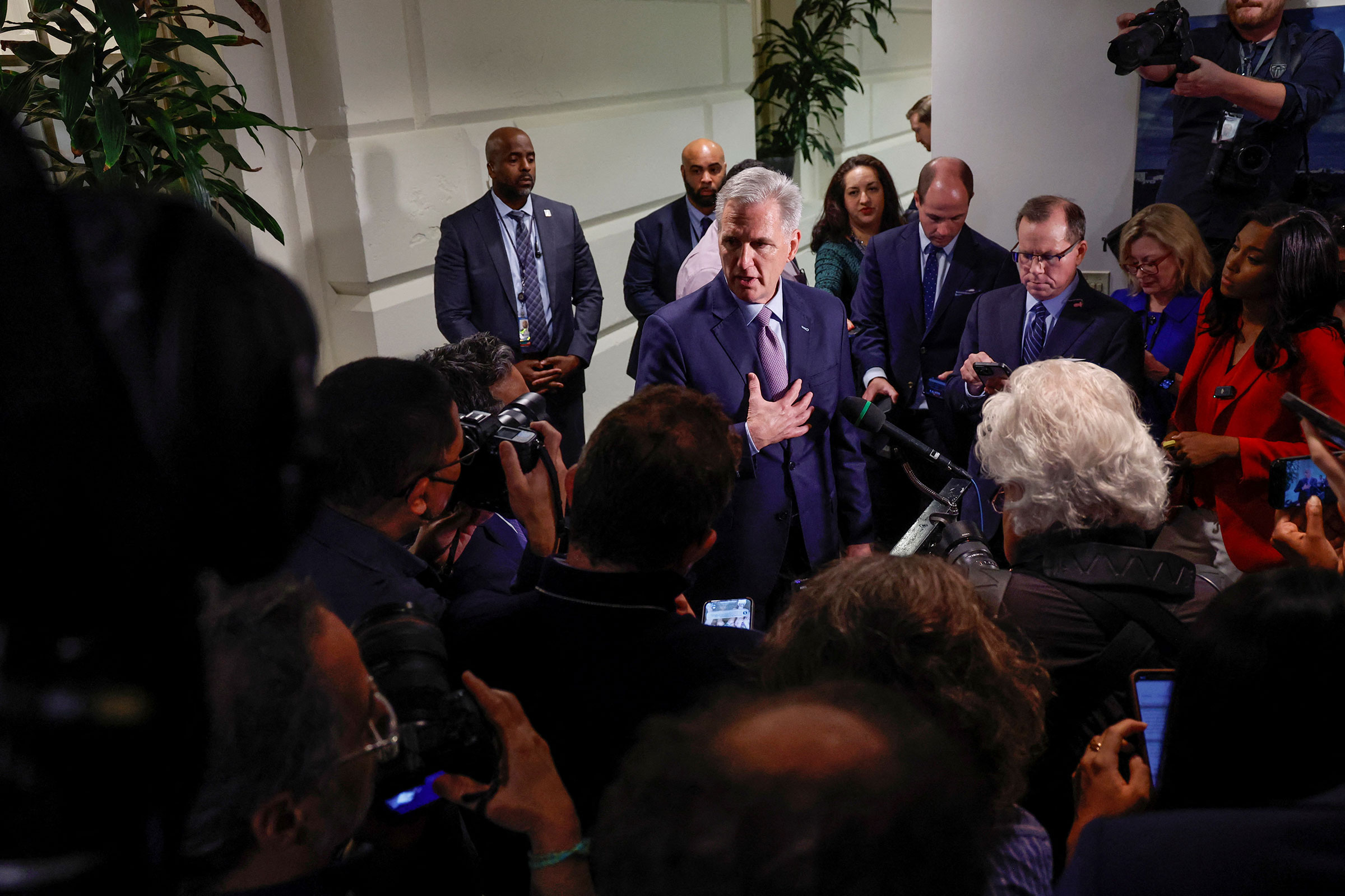 House Speaker Kevin McCarthy speaks with reporters after a House Republican conference meeting where they discussed an attempt by Rep. Matt Gaetz to oust him from the speakership in Washington, DC, on Tuesday. 