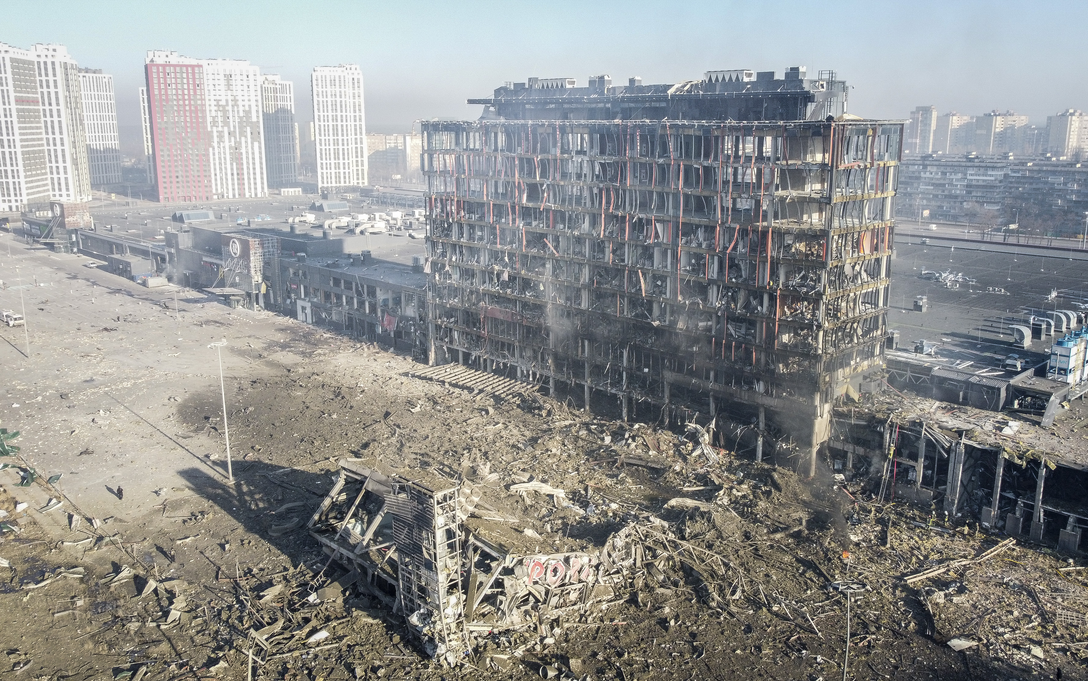 An aerial view of the completely destroyed shopping mall after a Russian shelling in Kyiv, Ukraine, on March 21.