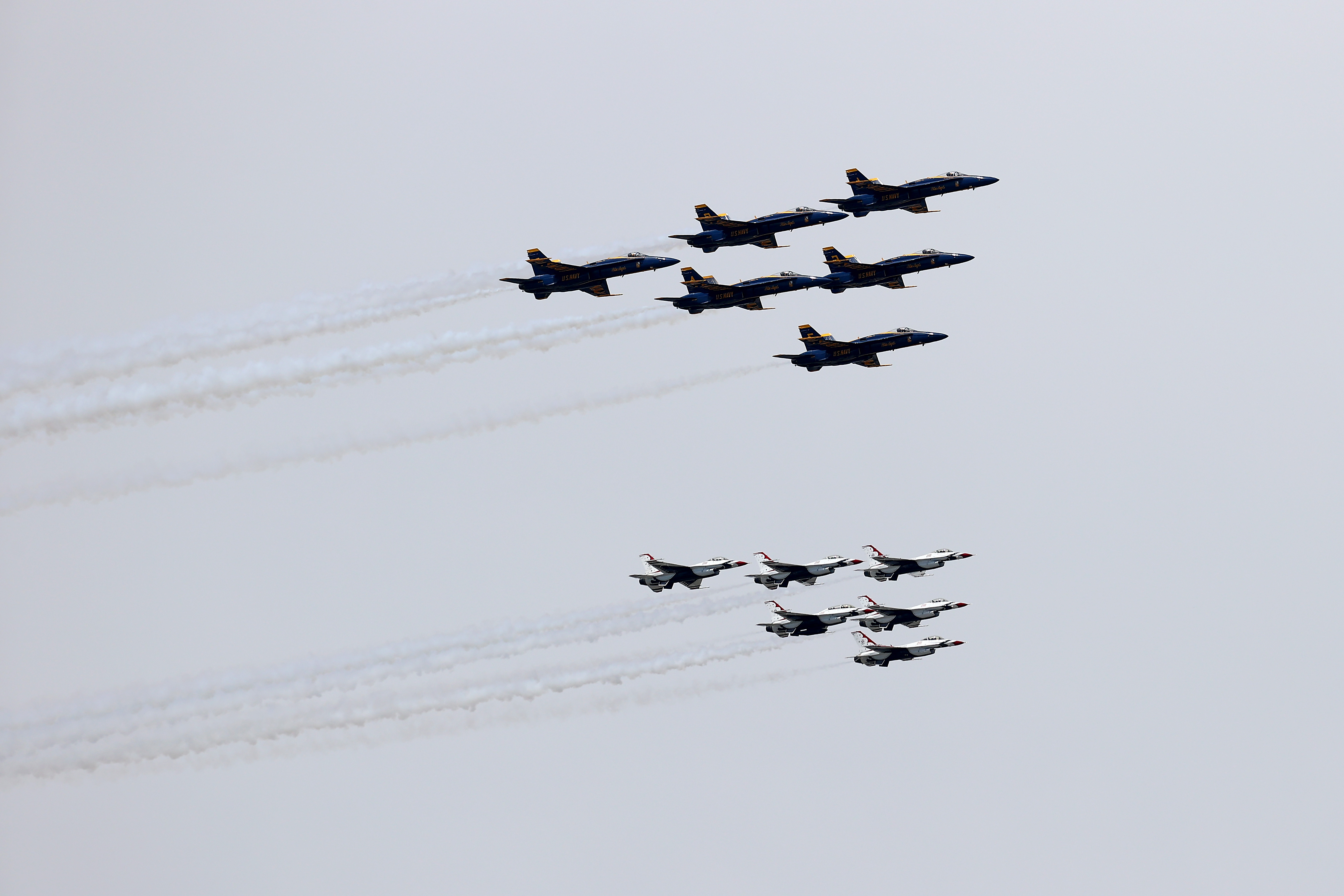 The Thunderbirds and Blue Angels preform a flyover on May 2 in Baltimore, Maryland.