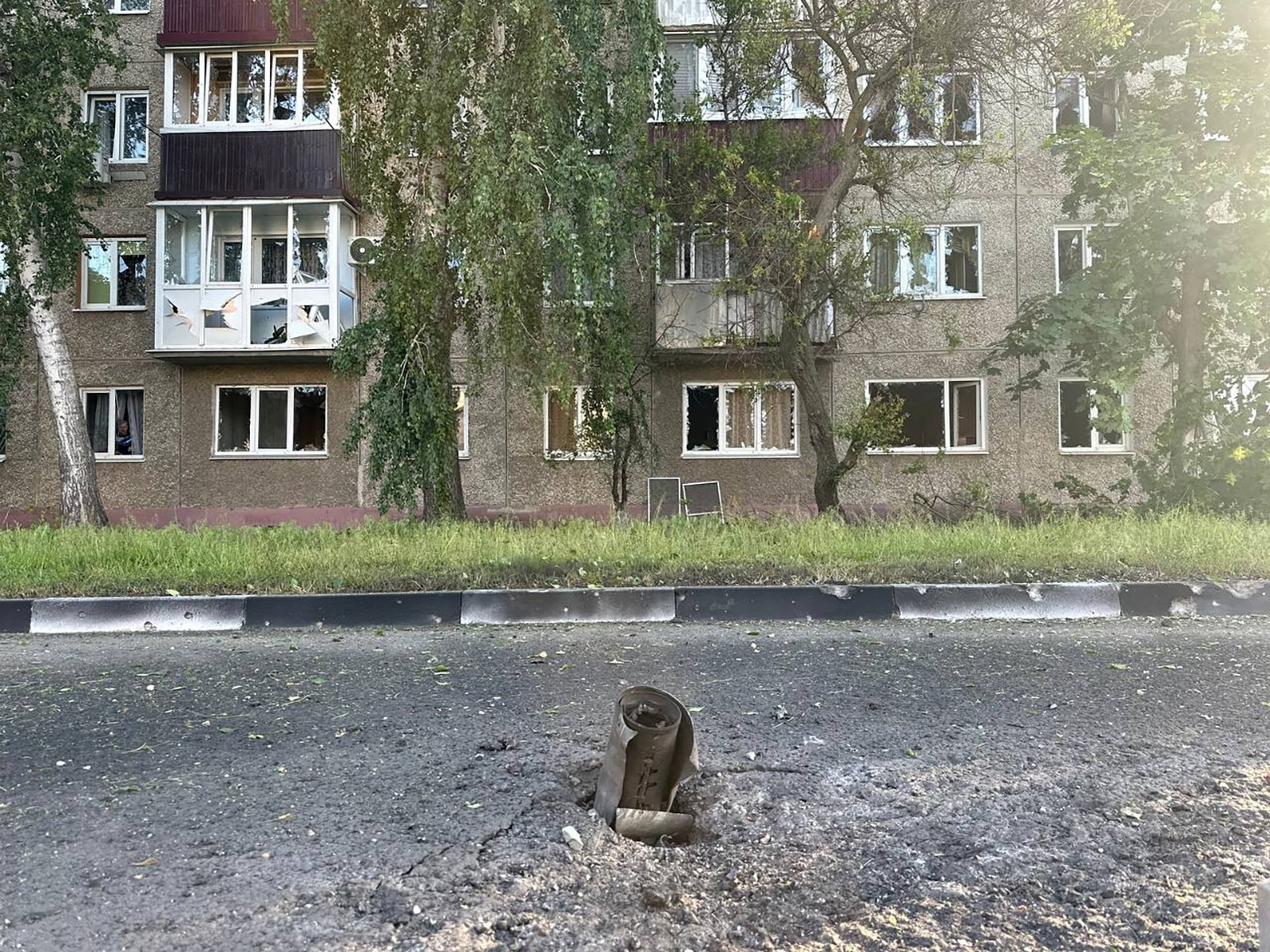 A view shows ammunition casing in a damaged street following purported shelling by Ukrainian forces in the town of Shebekino, Belgorod region, in this image released by the region's governor, on May 31.