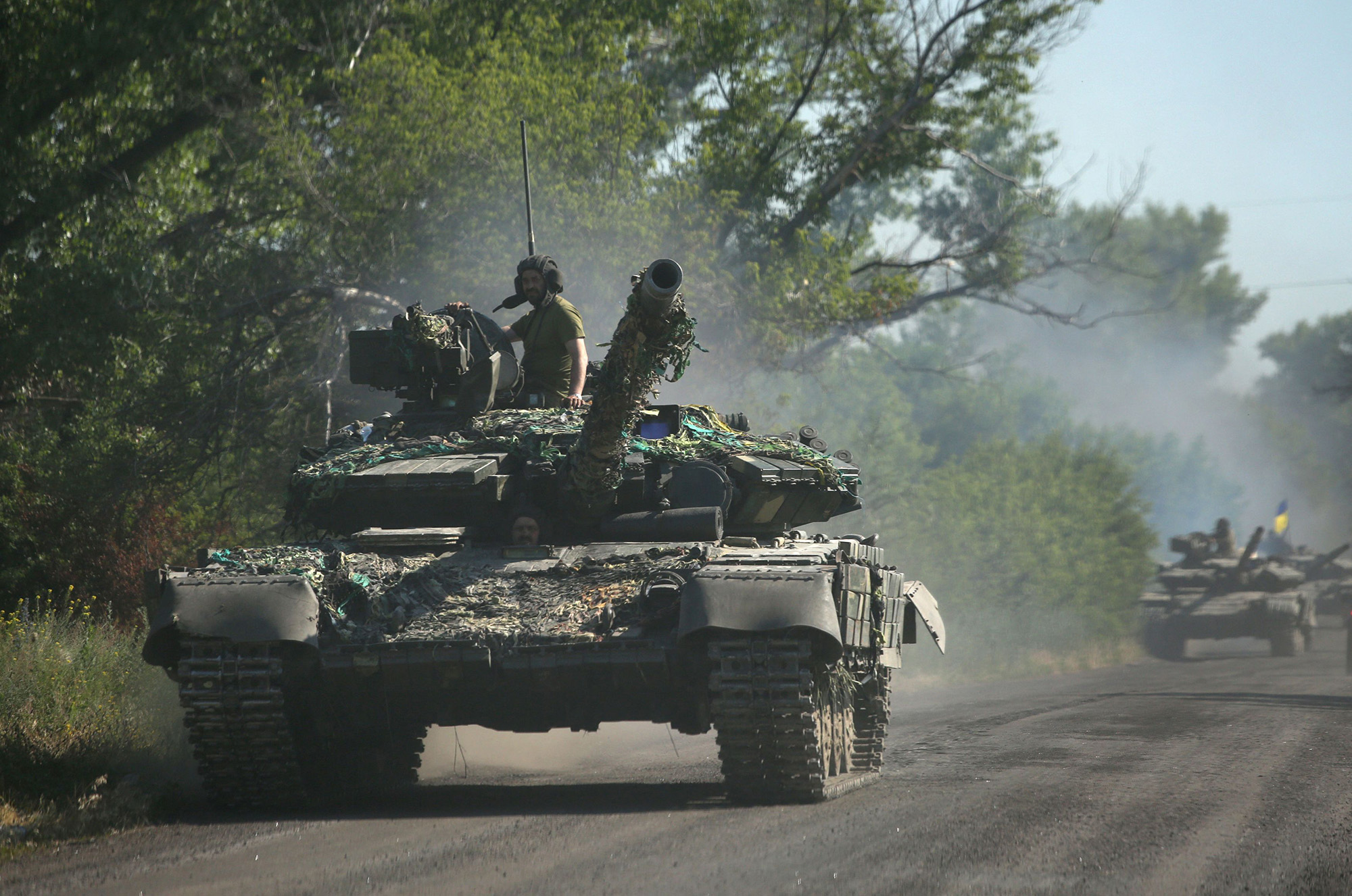 Ukrainian tanks on the road in the eastern Ukrainian region of Donbas on June 21.