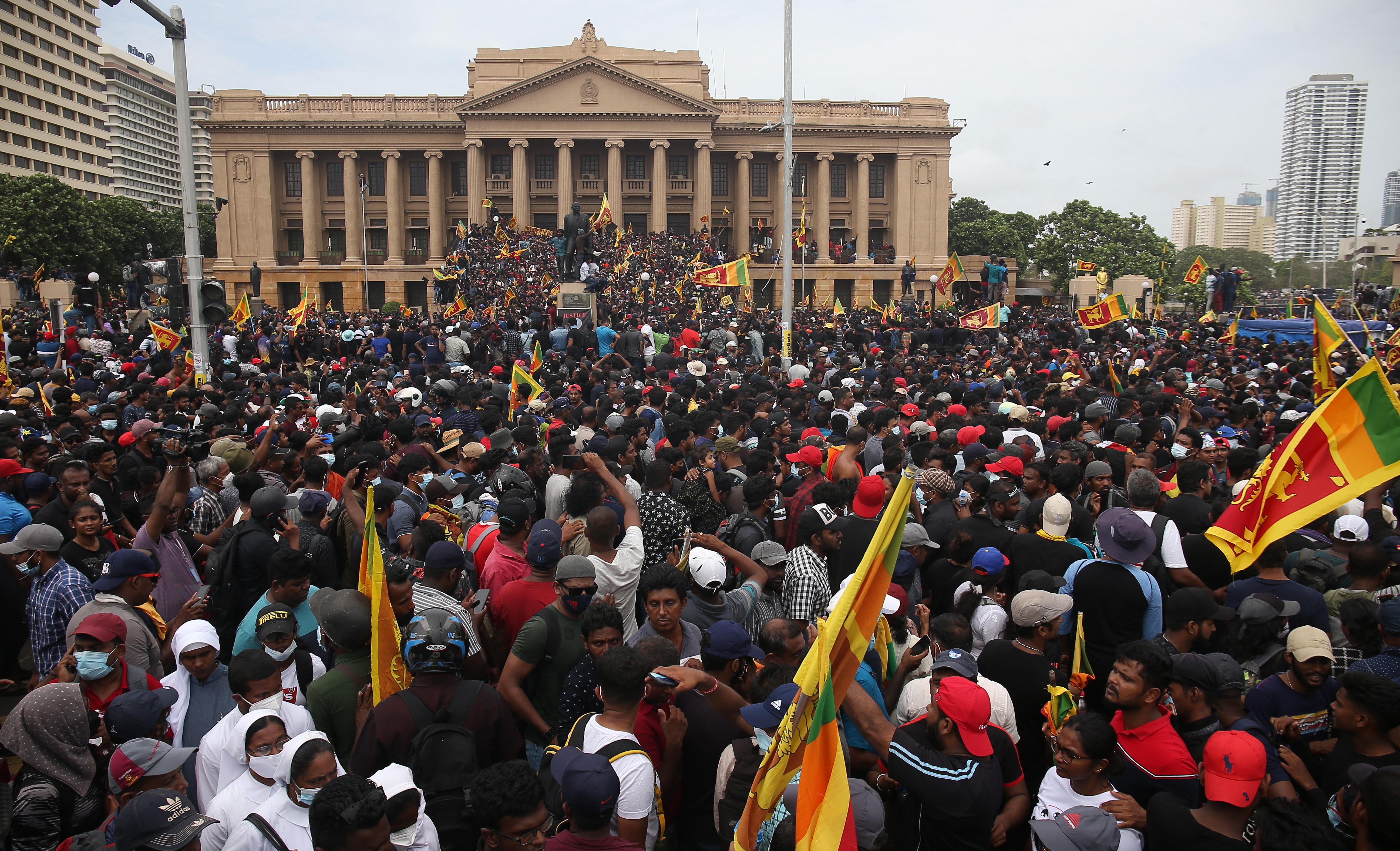 Protesters gather inside the premises of the Presidential Secretariat to demand the resignation of Sri Lankan President Gotabaya Rajapaksa, on July 9, in Colombo, Sri Lanka. 