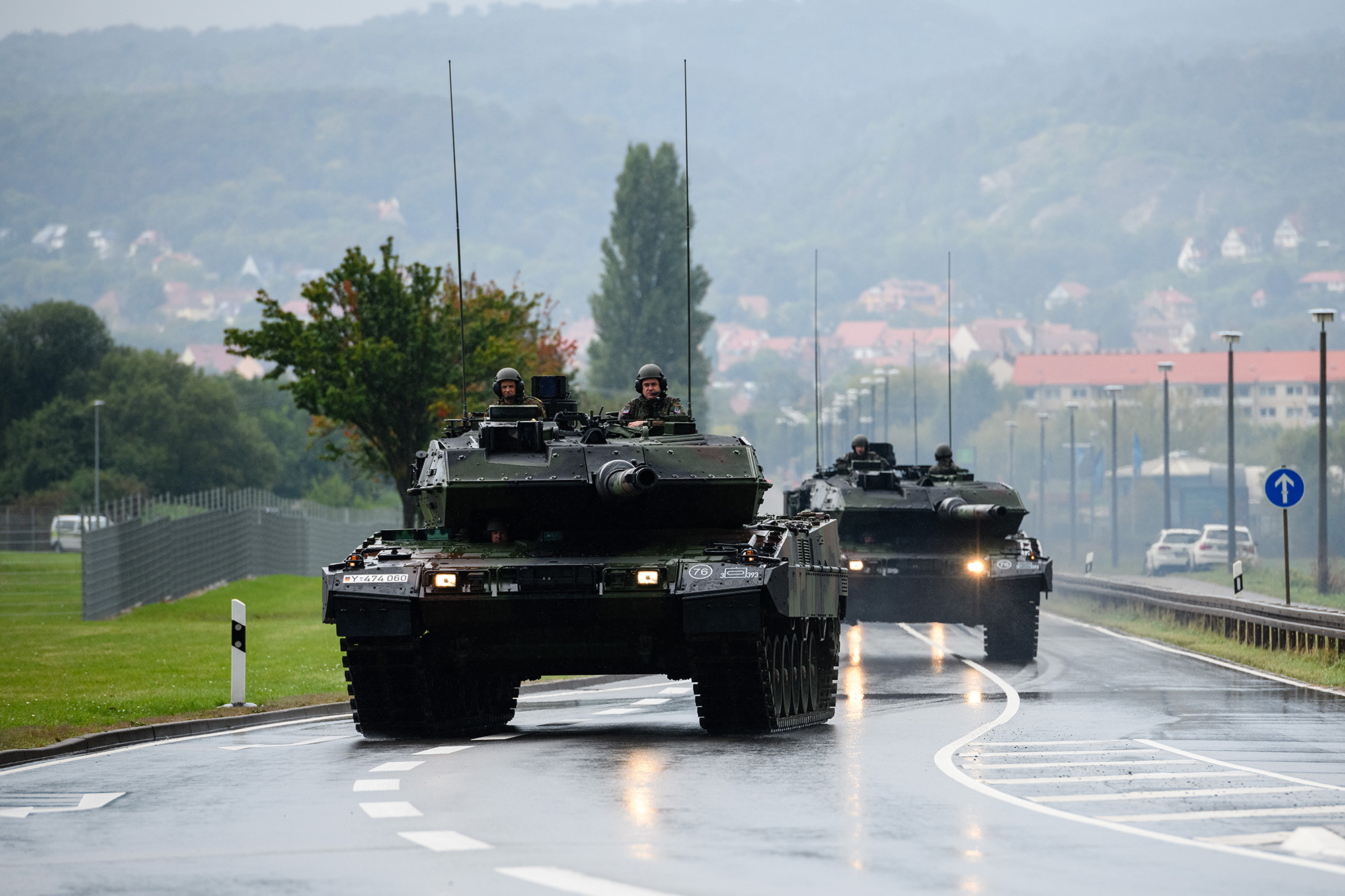 Two Leopard 2 A7V battle tanks on the road in Bad Frankenhausen, Germany, on September 15, 2021.