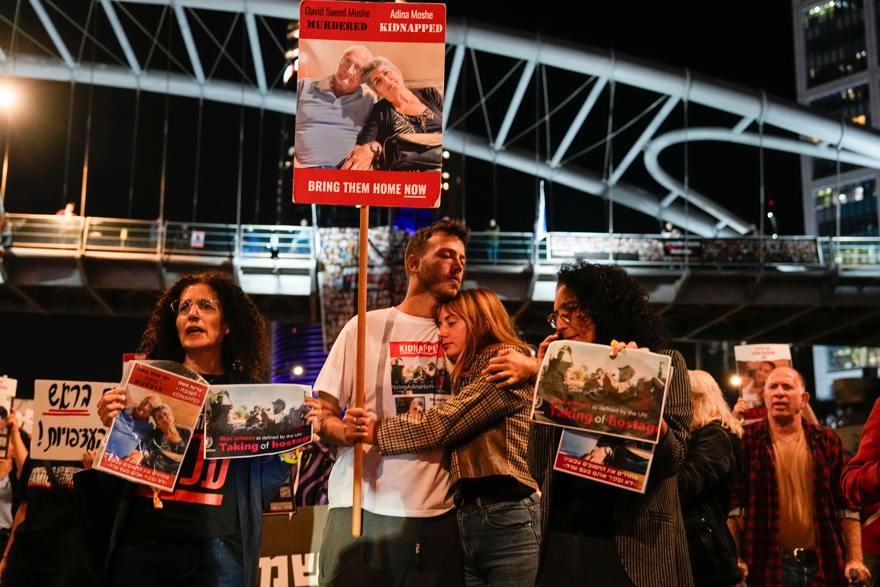 Families and friends of about 240 hostages held by Hamas in Gaza call for Israeli Prime Minister Benjamin Netanyahu to bring them home during a demonstration in Tel Aviv, Israel, on November 21.