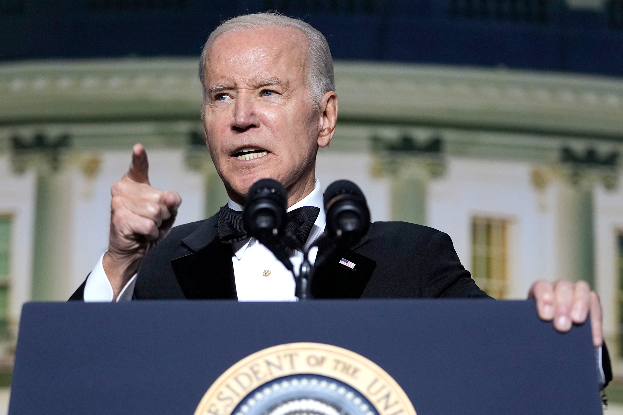 President Joe Biden speaks during the White House Correspondents' dinner on Saturday, April 29.