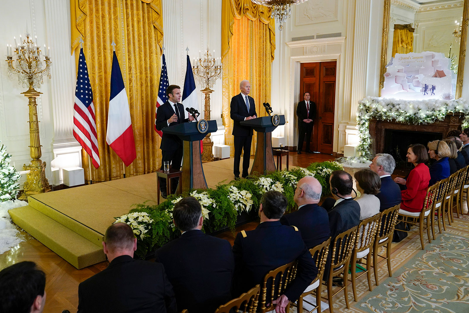 French President Emmanuel Macron speaks during a news conference with President Joe Biden in the East Room of the White House on Thursday, December 1. 