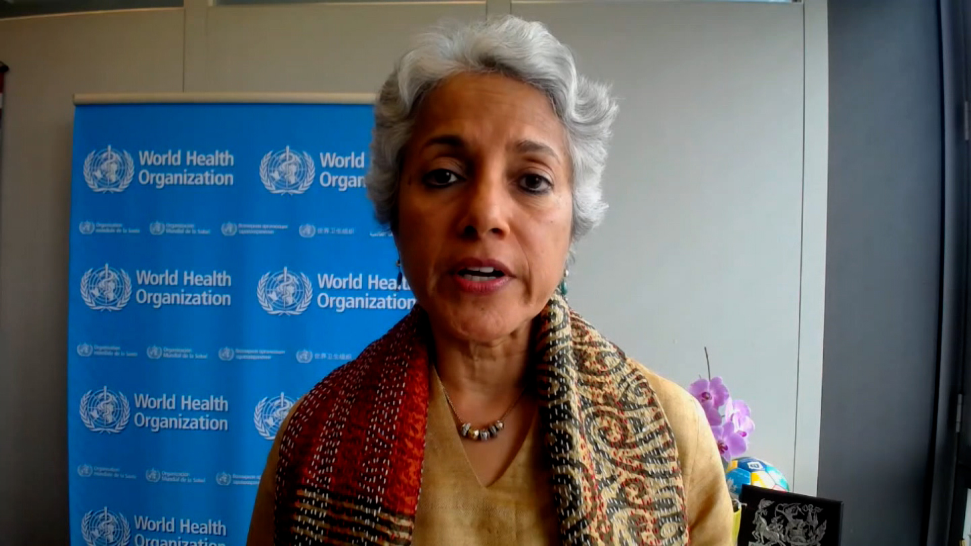 World Health Organization’s Chief Scientist Soumya Swaminathan speaks during an interview on April 26.