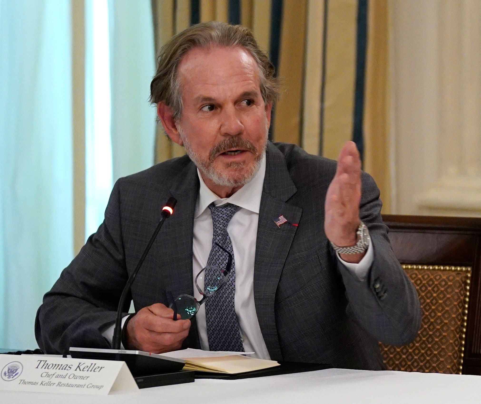 Thomas Keller, chef and owner of Thomas Keller Restaurant Group, speaks during a meeting with restaurant industry executives about the coronavirus response, in the State Dining Room of the White House on May 18 in Washington.