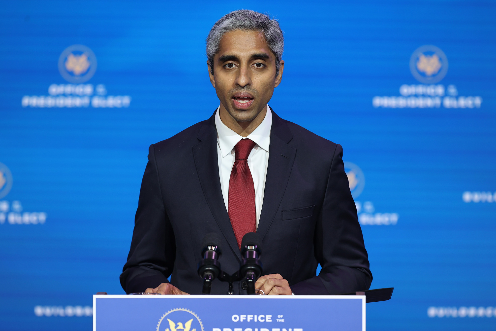 Dr. Vivek Murthy speaks during a news conference at the Queen Theater on December 8, 2020, in Wilmington, Delaware. 