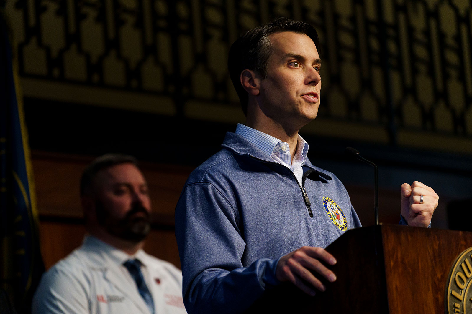 Rep. Morgan McGarvey speaks at a press conference on April 11 at Metro Hall in Louisville, Kentucky.