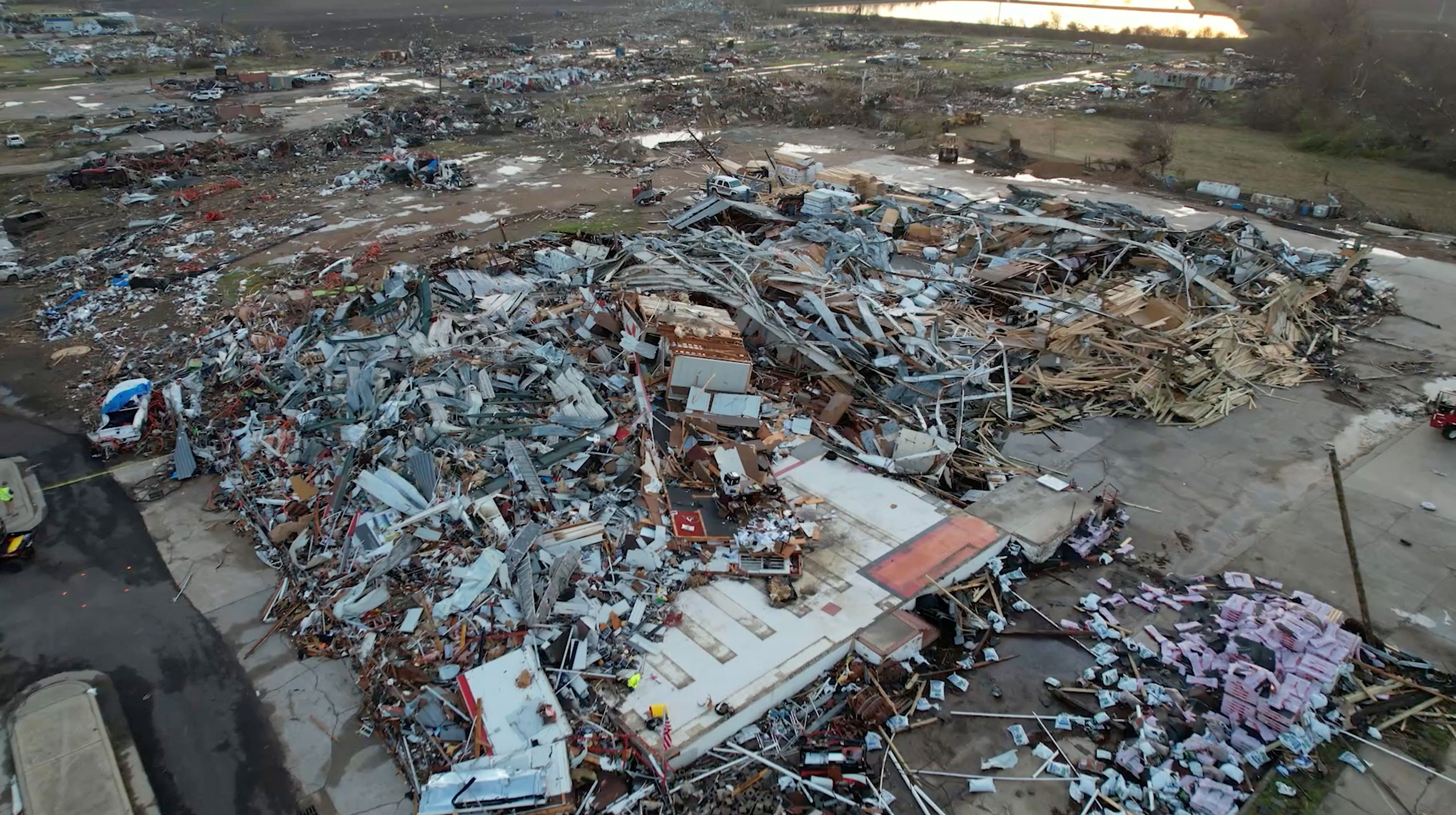 An aerial view of the aftermath of a tornado in Rolling Fork on Saturday. 