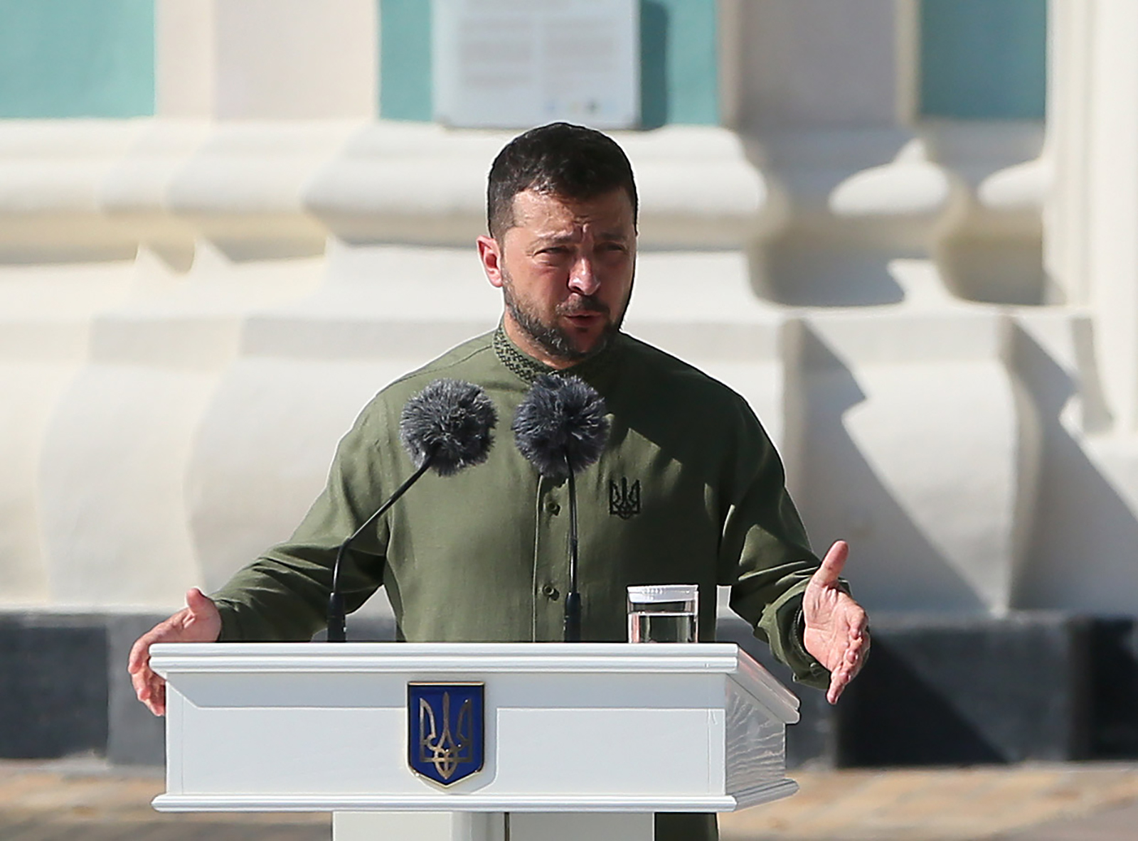 Volodymyr Zelensky speaks during a celebration ceremony in Kyiv, Ukraine on August 24.