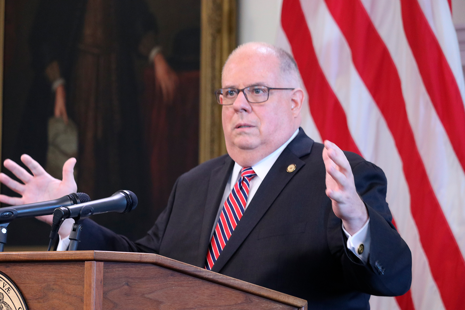 Maryland Gov. Larry Hogan speaks at a news conference on Wednesday, July 15, in Annapolis.