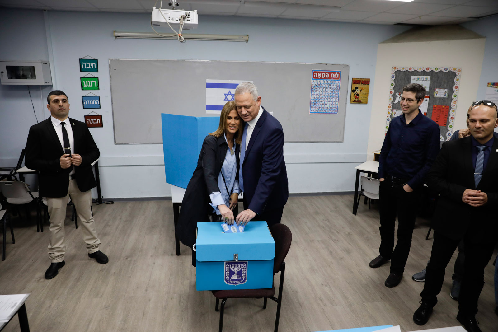 Blue and White party leader Benny Gantz and his wife Revital vote in Rosh Haayin, Israel.