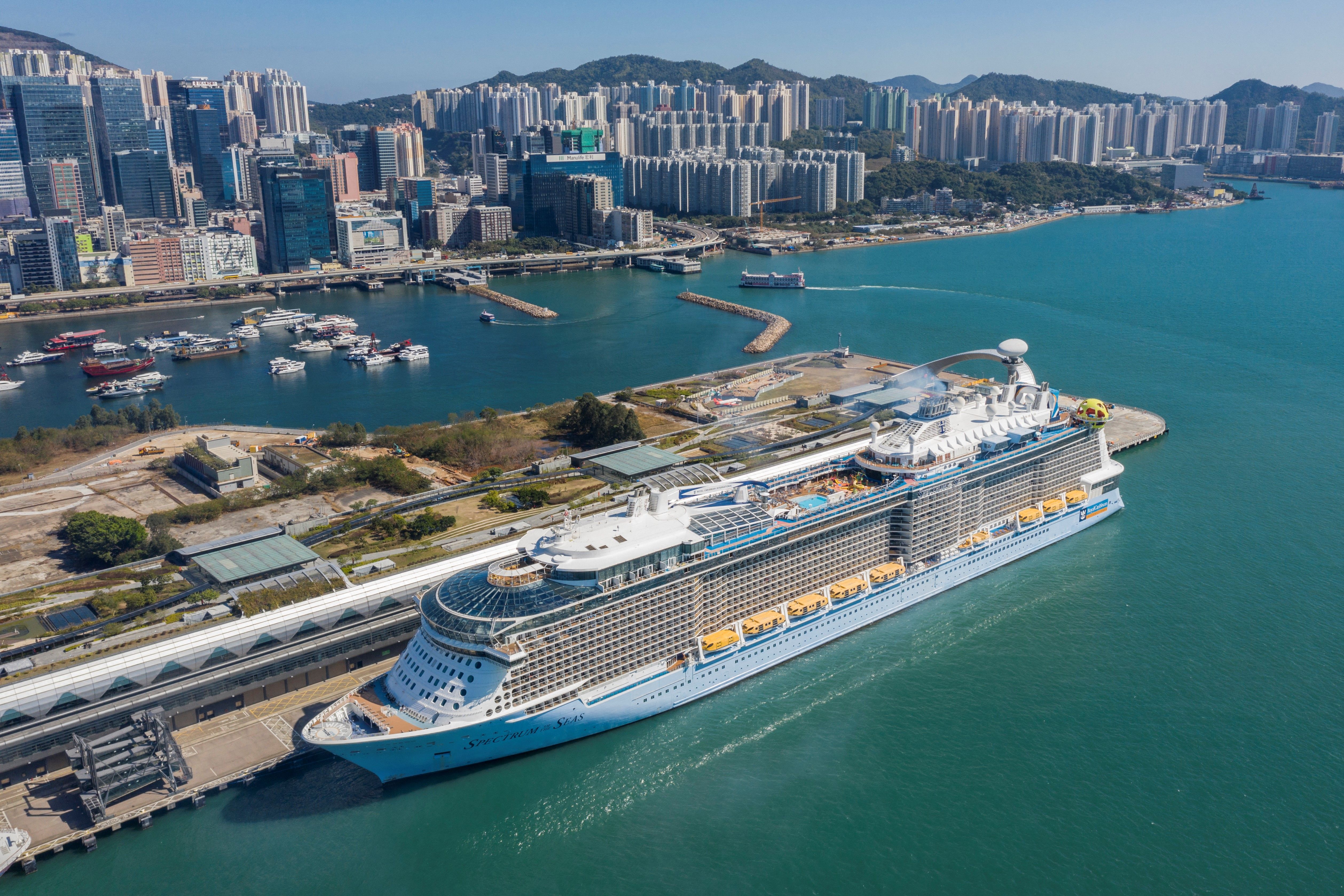 The cruise ship "Spectrum of the Seas," shown docked at a terminal in Hong Kong on January 5, 2022, after it was ordered to return to the city for coronavirus testing. 