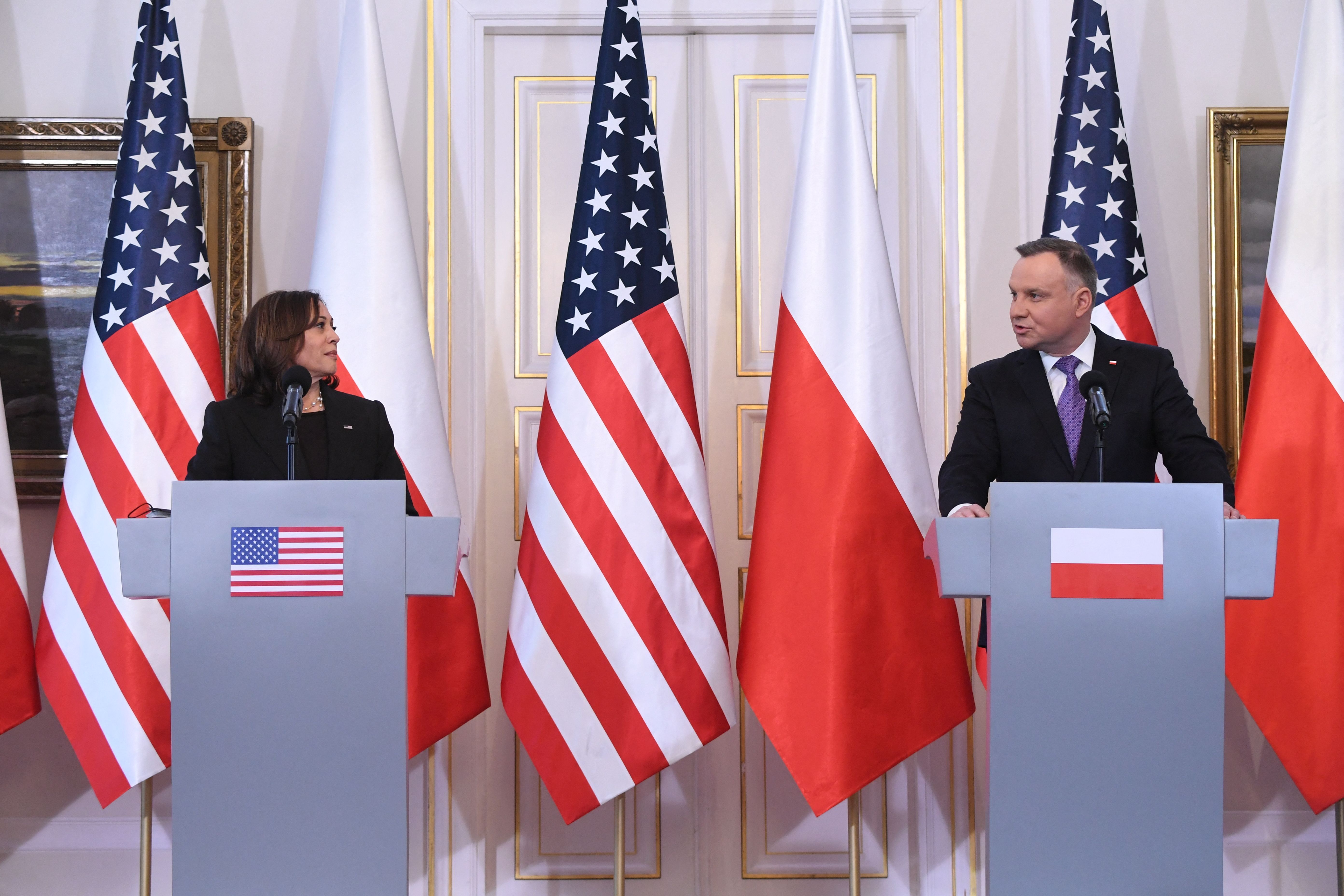 US Vice President Kamala Harris and Polish President Andrzej Duda hold a press conference at Belwelder Palace in Warsaw, Poland, on March 10.