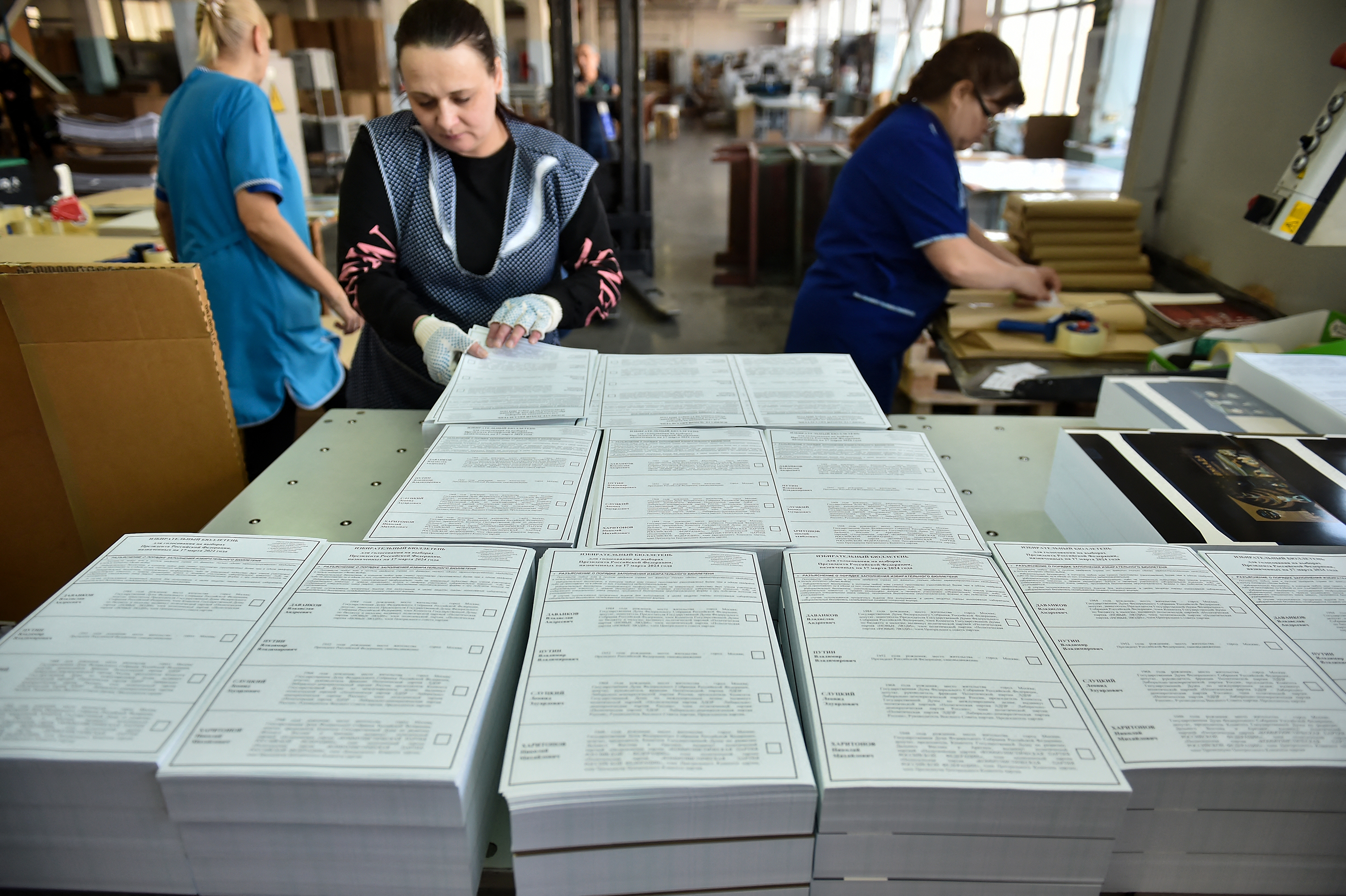Ballot papers to be used in the 2024 Russian presidential election are pictured at a printing house in Novosibirsk, Russia, on February 22.